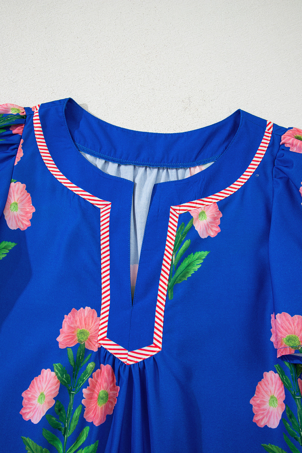 Blue Floral Short Sleeve Split Neck Loose Mini Dress-TOPS / DRESSES-[Adult]-[Female]-2022 Online Blue Zone Planet
