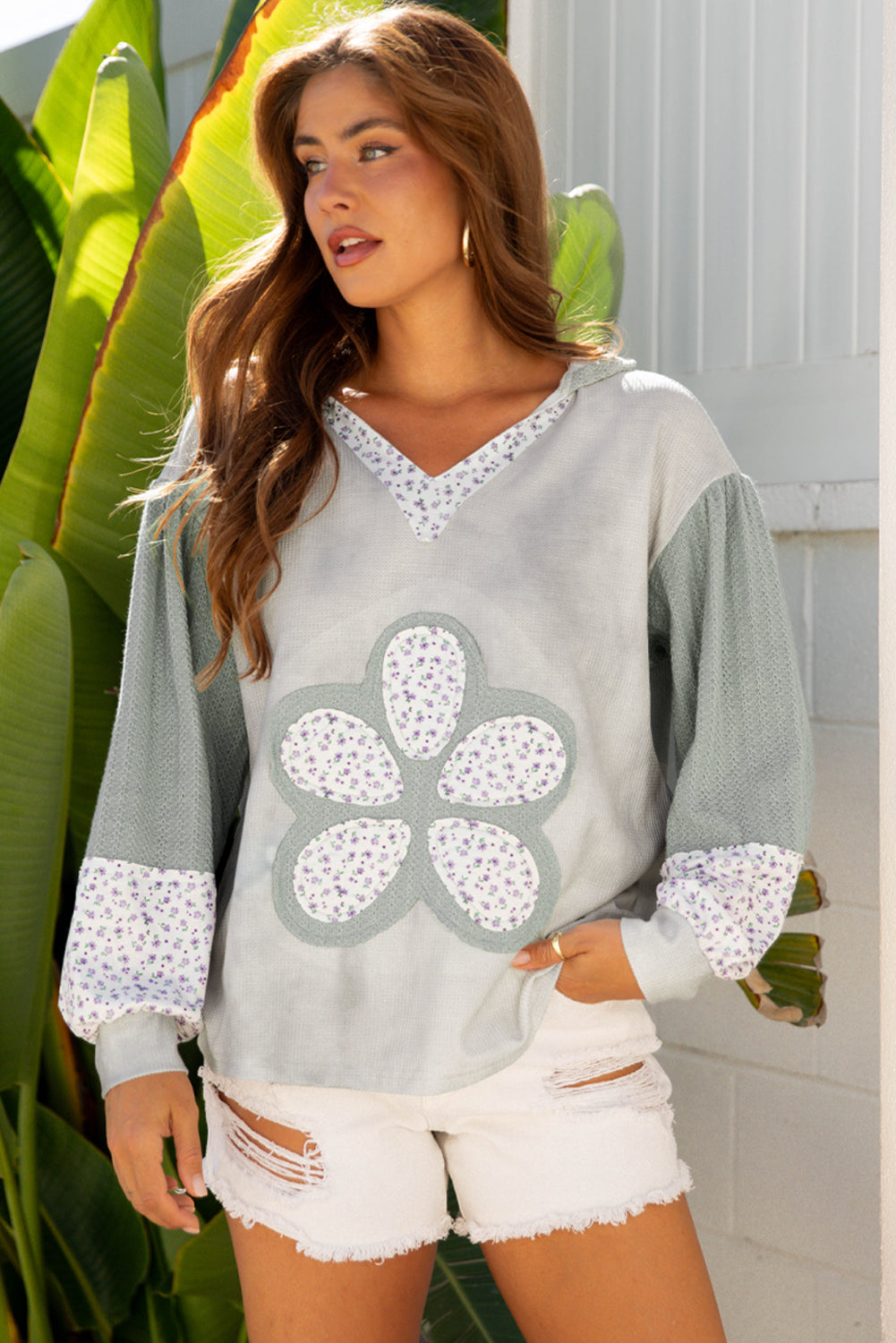 Green Floral Patched Waffle Textured Colorblock V Neck Casual Hooded Top-Tops/Long Sleeve Tops-[Adult]-[Female]-2022 Online Blue Zone Planet