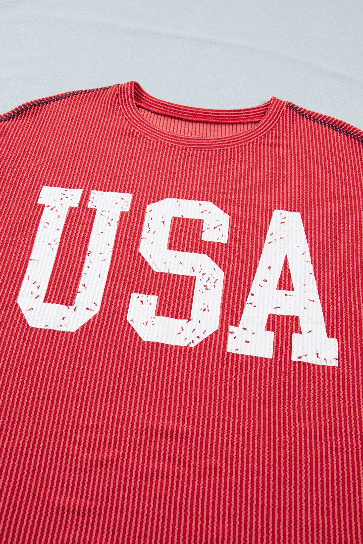 Fiery Red Usa Graphic Half Sleeve Loose Ribbed Top-Tops/Tops & Tees-[Adult]-[Female]-2022 Online Blue Zone Planet
