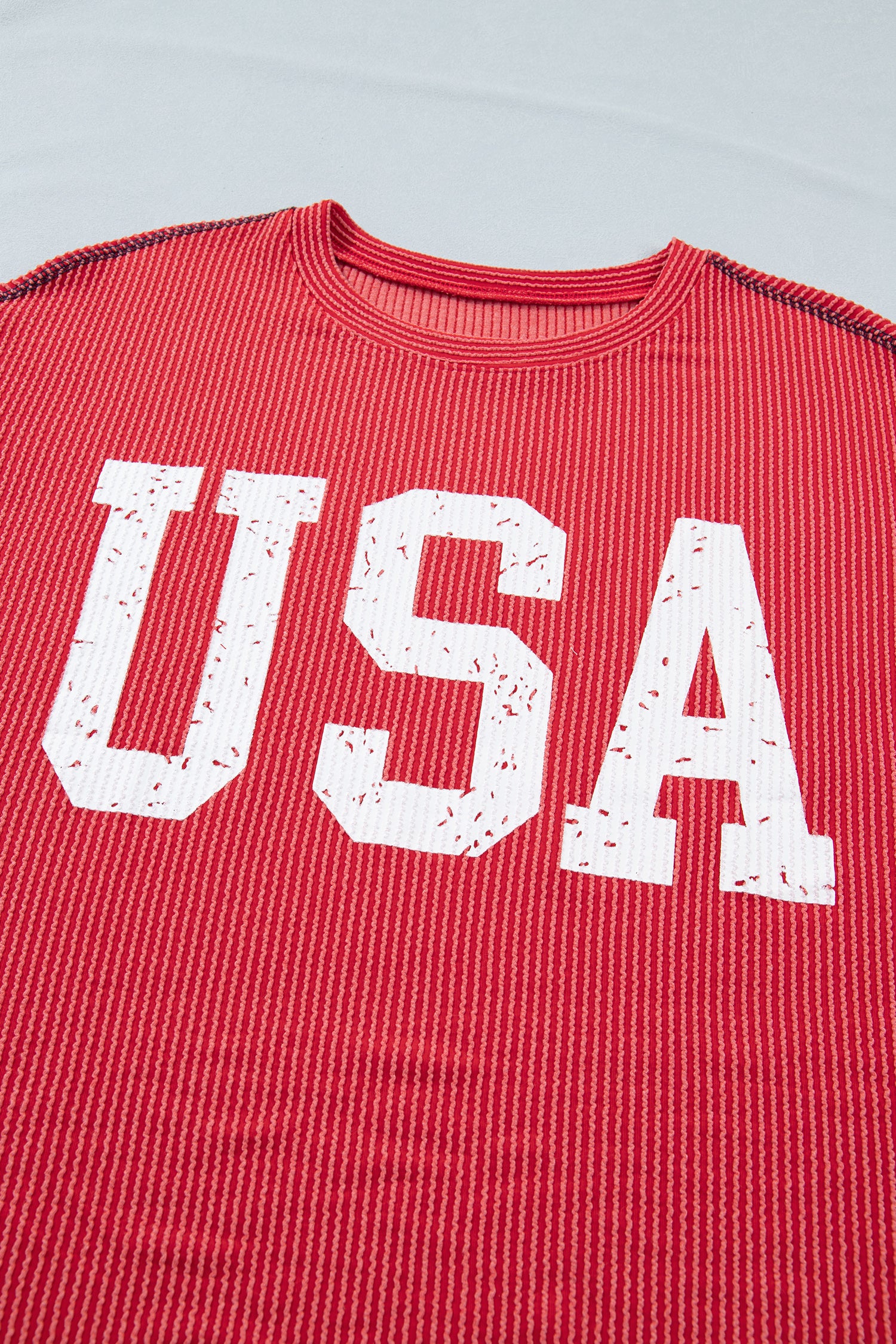 Fiery Red Usa Graphic Half Sleeve Loose Ribbed Top-Tops/Tops & Tees-[Adult]-[Female]-2022 Online Blue Zone Planet