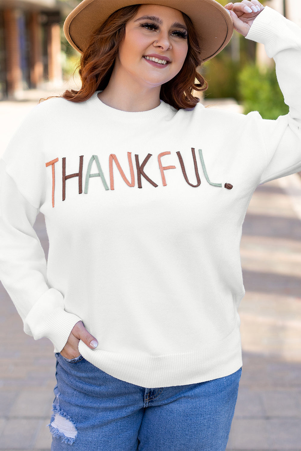 Blue Zone Planet | White Plus Size Thankful Ivory Embroidered Sweater-Plus Size/Plus Size Sweaters & Cardigans-[Adult]-[Female]-2022 Online Blue Zone Planet