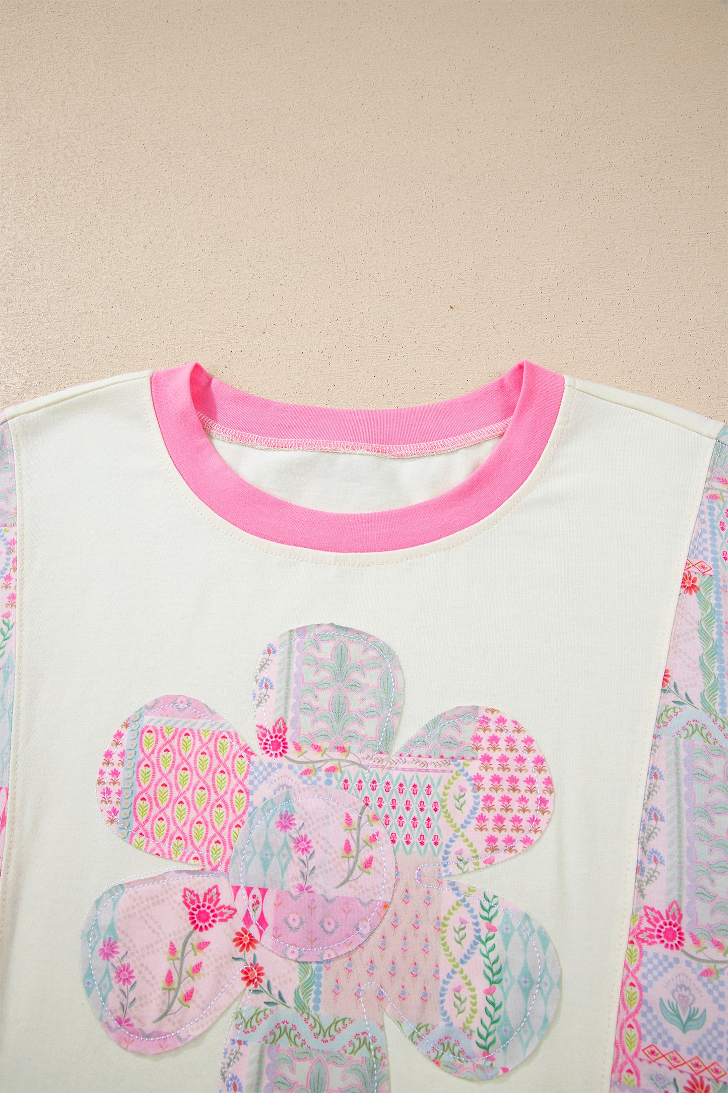 Beige Color Block Floral Patchwork Big Flower Accent Relaxed Top-Tops/Tops & Tees-[Adult]-[Female]-2022 Online Blue Zone Planet