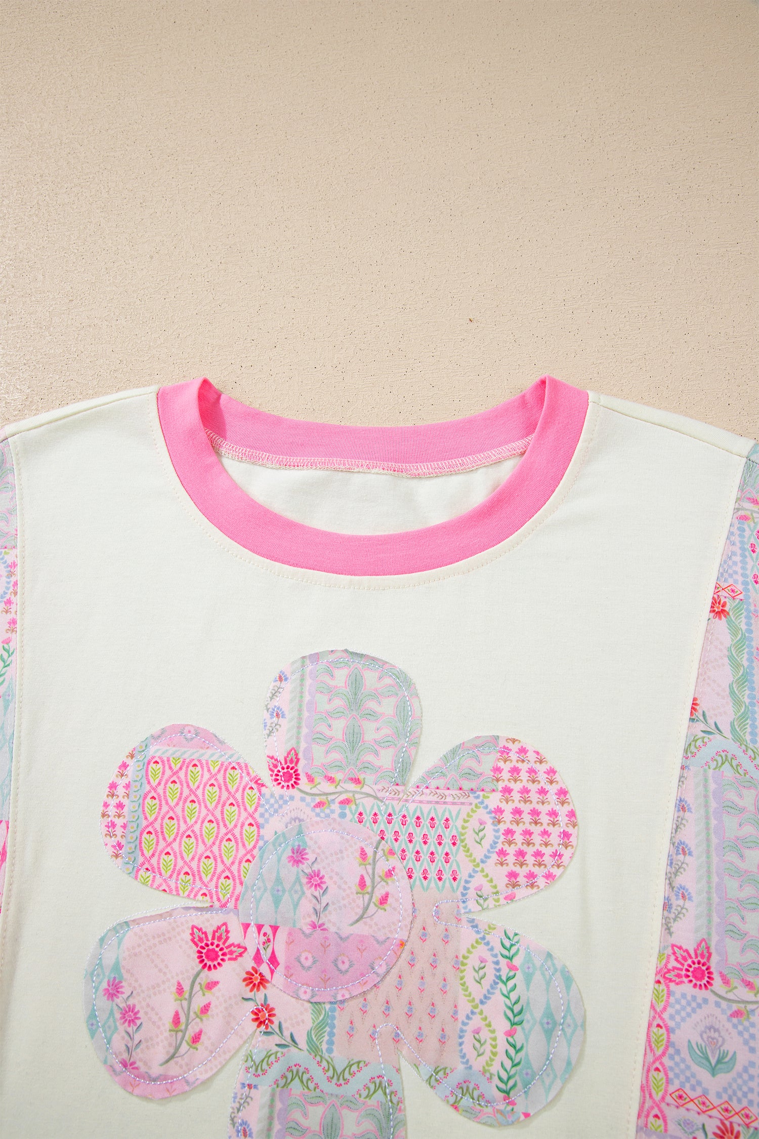 Beige Color Block Floral Patchwork Big Flower Accent Relaxed Top-Tops/Tops & Tees-[Adult]-[Female]-2022 Online Blue Zone Planet