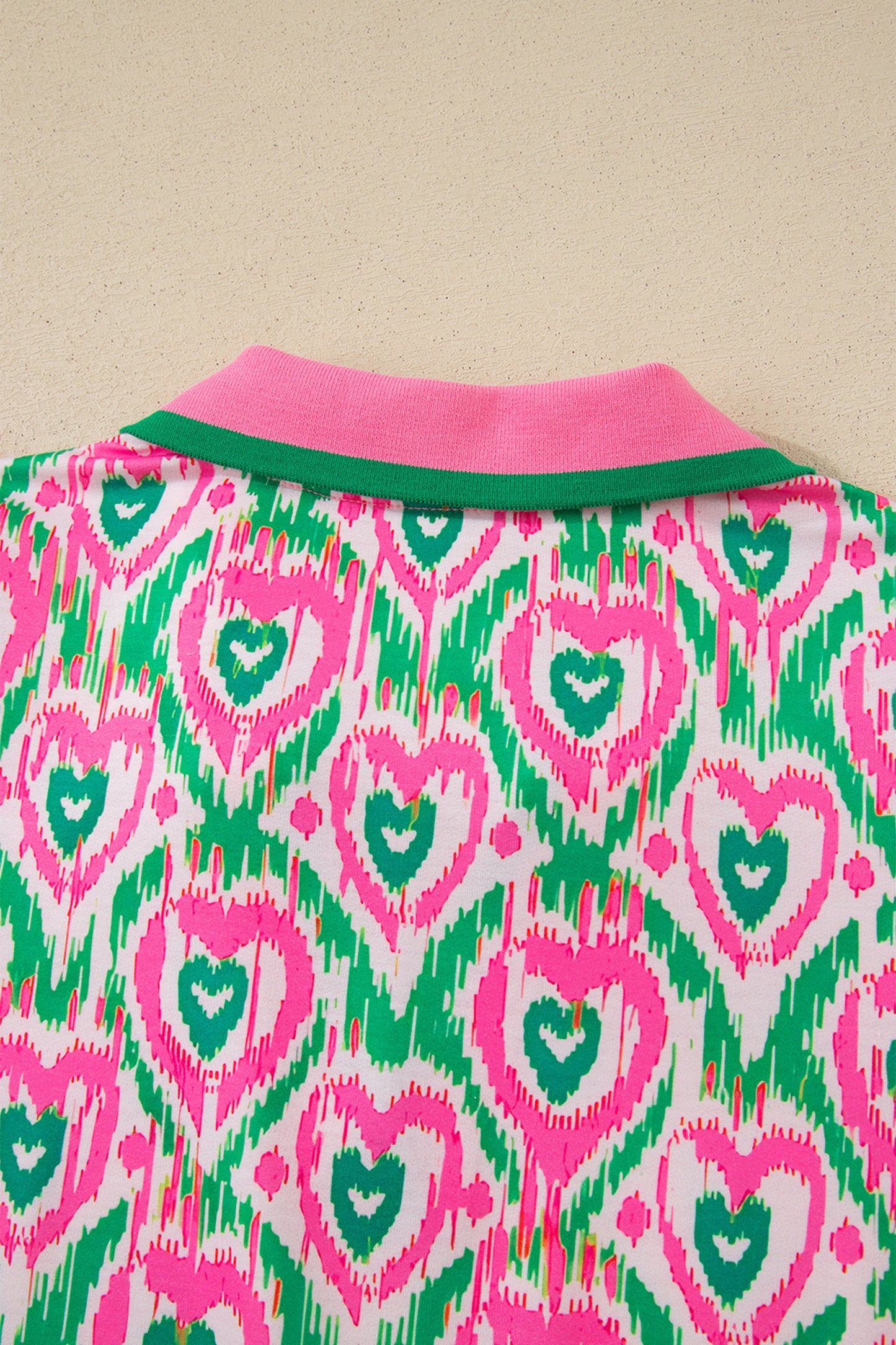 Green Abstract Heart In Heart Print Striped Trim Polo Collar Short Sleeve Blouse-Tops/Blouses & Shirts-[Adult]-[Female]-2022 Online Blue Zone Planet