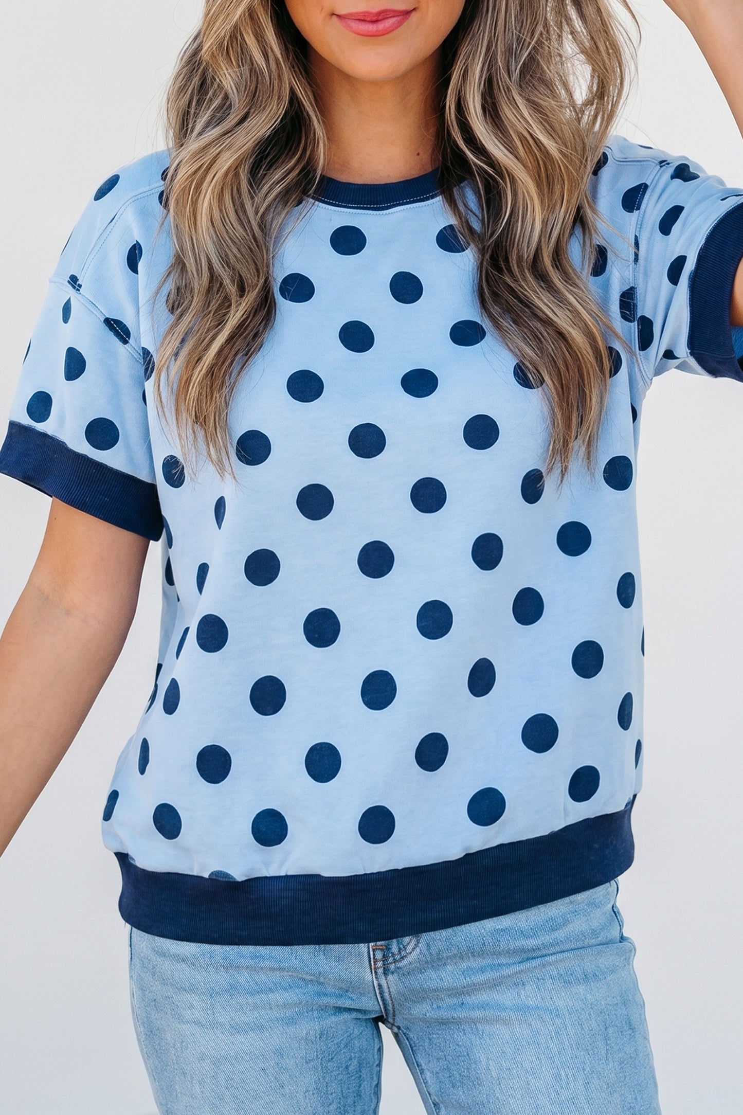 Pink Color Block Trim Polka Dot Casual Tee-Tops/Tops & Tees-[Adult]-[Female]-2022 Online Blue Zone Planet