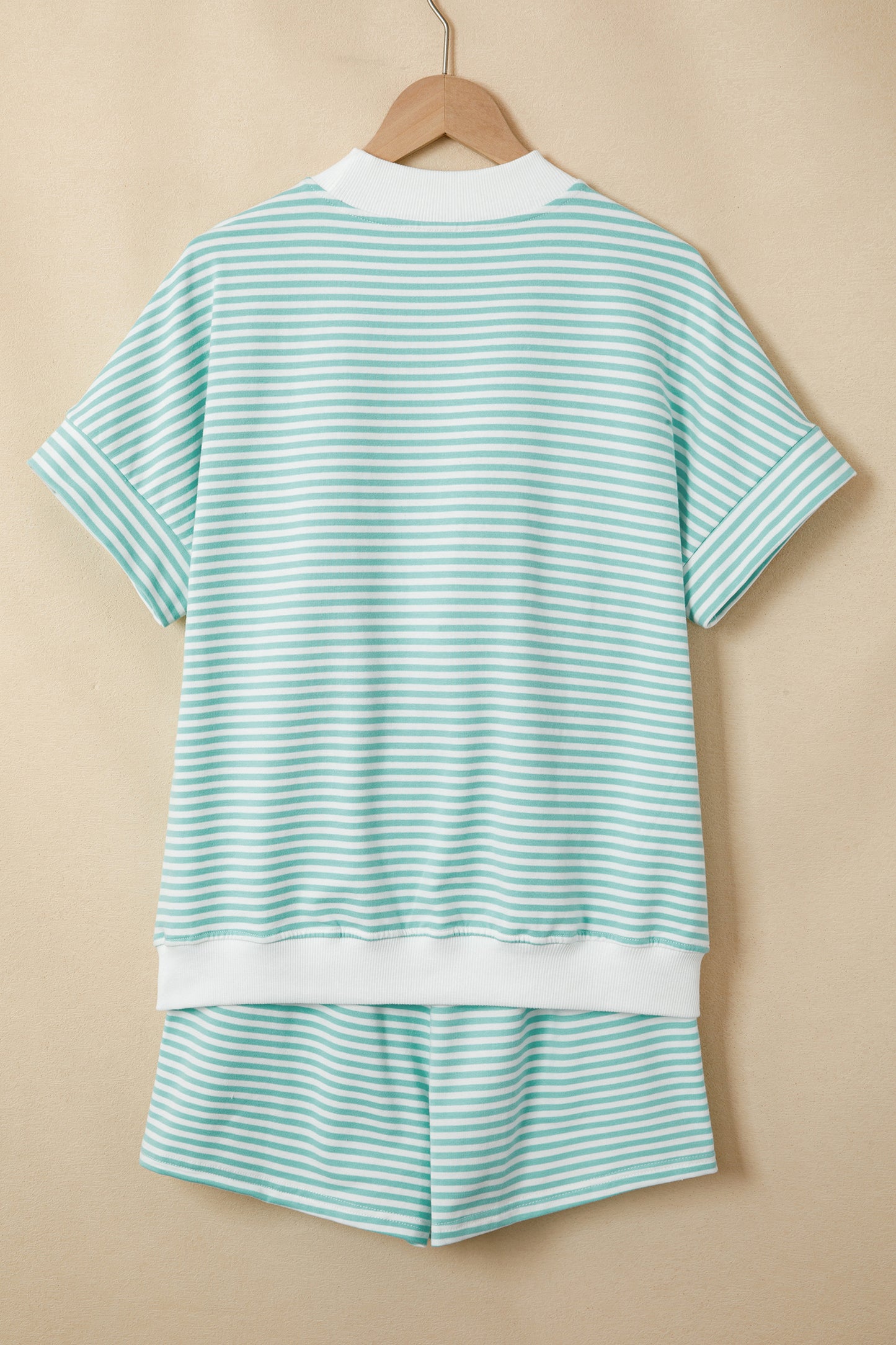 Pink Stripe Cuffed Sleeve Contrast Mock Neck Tee Casual 2pcs Short Set-Two Piece Sets/Short Sets-[Adult]-[Female]-2022 Online Blue Zone Planet