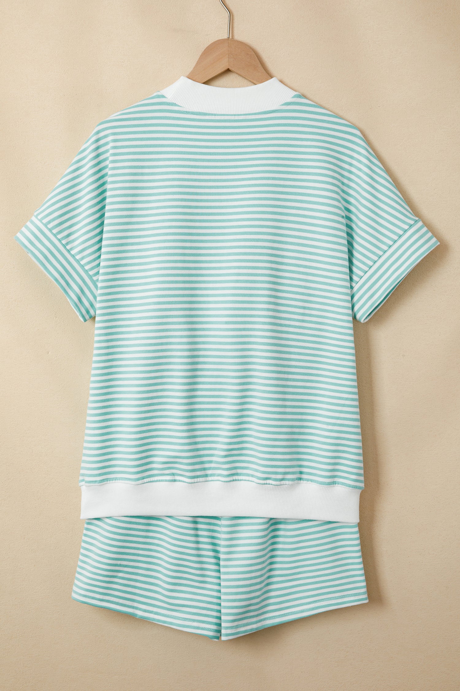 Pink Stripe Cuffed Sleeve Contrast Mock Neck Tee Casual 2pcs Short Set-Two Piece Sets/Short Sets-[Adult]-[Female]-2022 Online Blue Zone Planet
