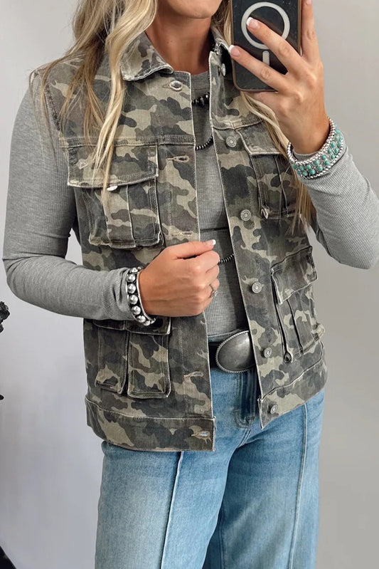 Green Camo Cargo Denim Vest-Outerwear/Vests-[Adult]-[Female]-Green-S-2022 Online Blue Zone Planet