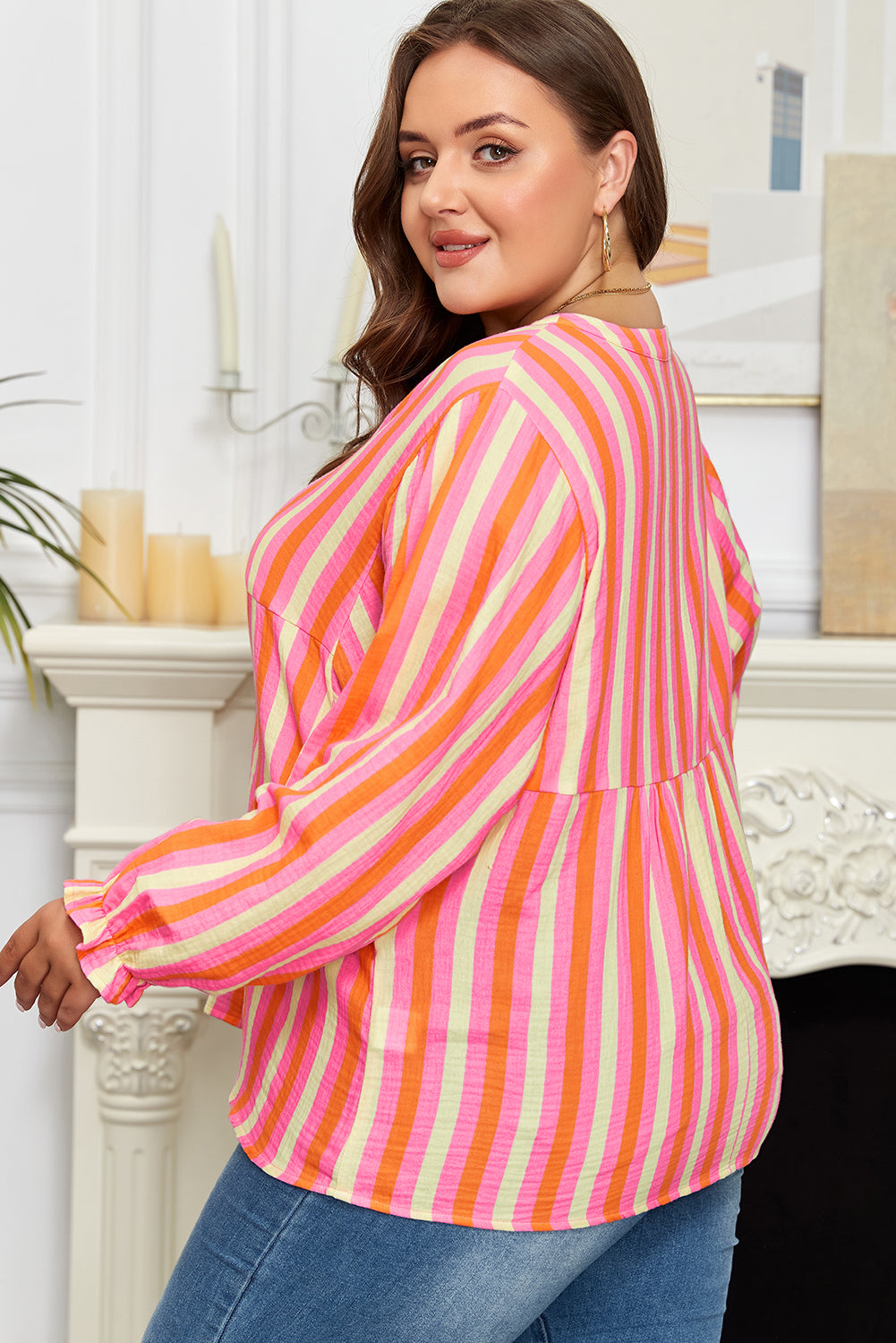 Pink Stripe Crinkled Half Buttons V Neck Plus Size Blouse-Plus Size/Plus Size Tops/Plus Size Blouses & Shirts-[Adult]-[Female]-2022 Online Blue Zone Planet
