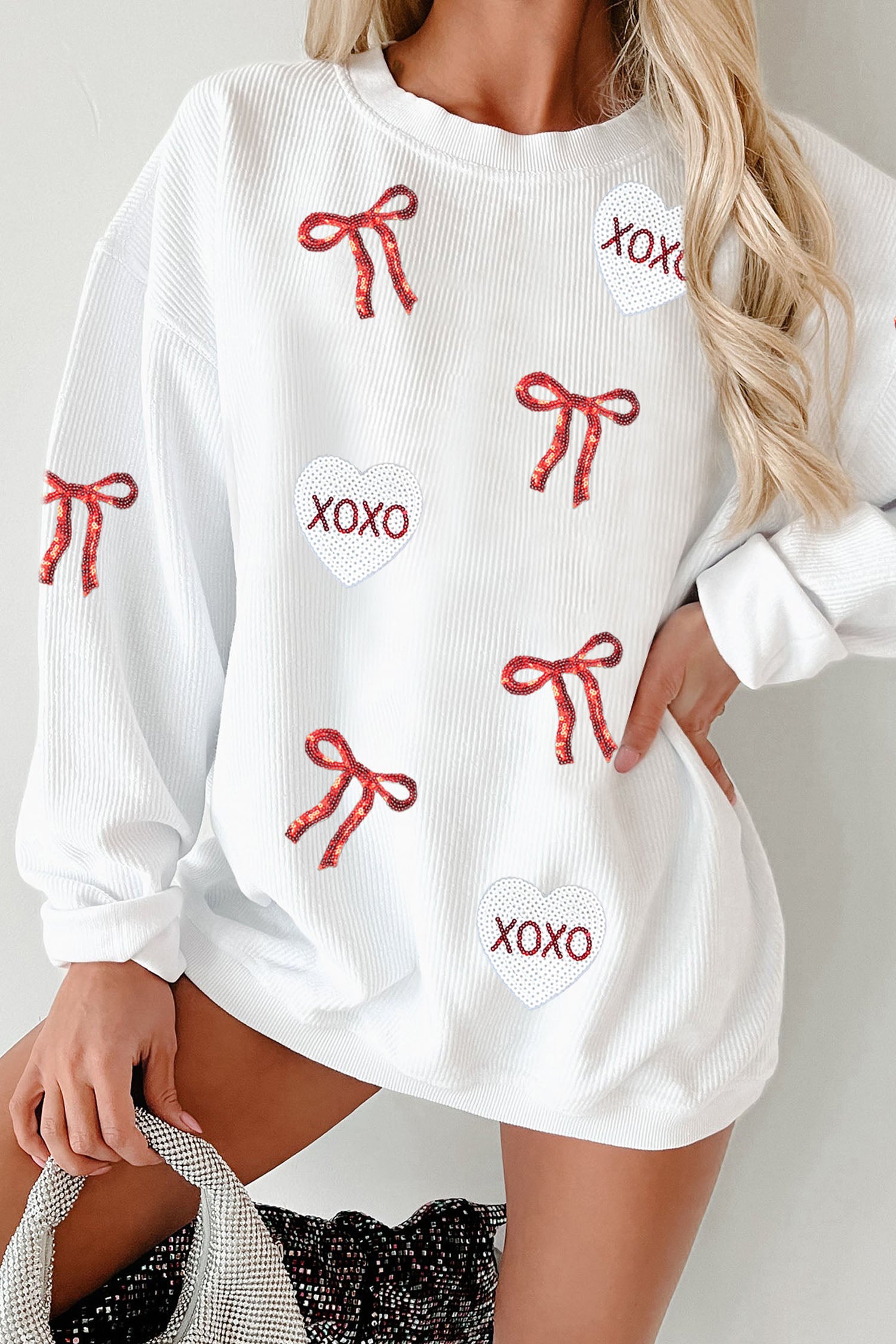 White Sequin Ribbon Bow XOXO Heart Patched Corded Rib Pullover Sweatshirt-Graphic Sweatshirts-[Adult]-[Female]-2022 Online Blue Zone Planet