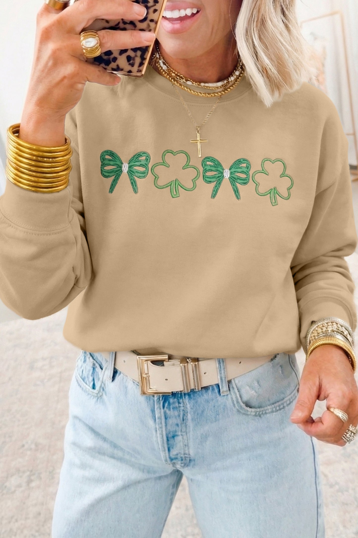 Khaki Embroidered Bow Clover St Patricks Fashion Sweatshirt-Graphic/Graphic Sweatshirts-[Adult]-[Female]-Khaki-S-2022 Online Blue Zone Planet
