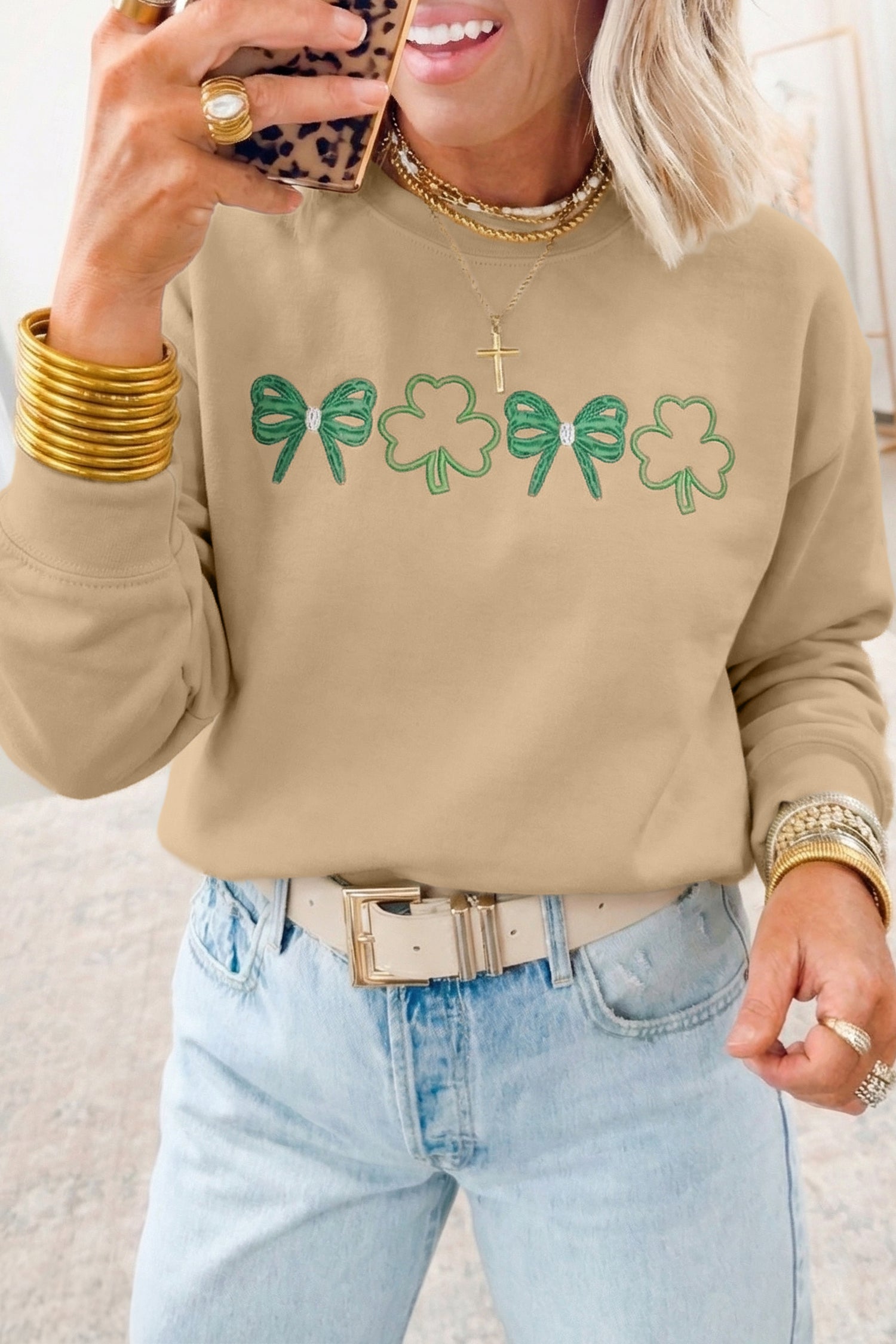 Khaki Embroidered Bow Clover St Patricks Fashion Sweatshirt-Graphic/Graphic Sweatshirts-[Adult]-[Female]-Khaki-S-2022 Online Blue Zone Planet