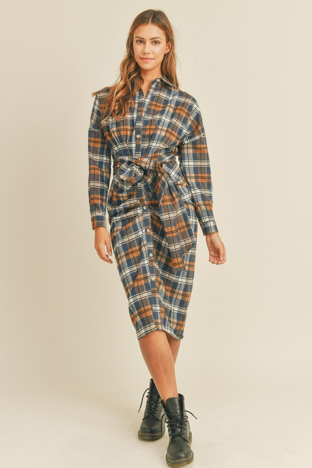 Blue Zone Planet | Mable Plaid Flannel Front Tie Button Down Shirt Dress-TOPS / DRESSES-[Adult]-[Female]-2022 Online Blue Zone Planet