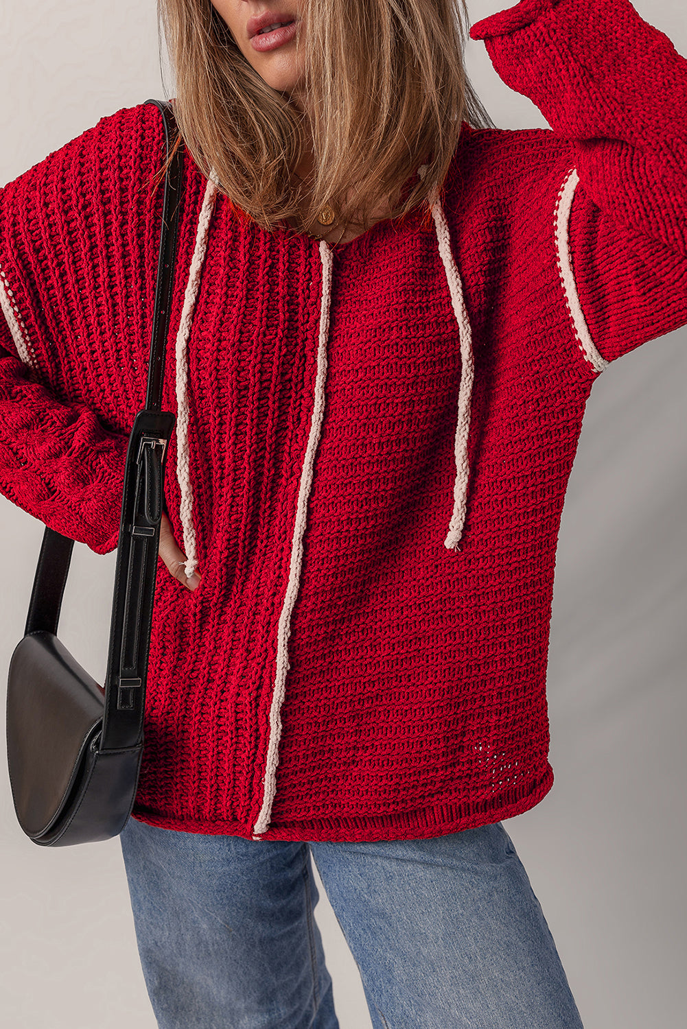 Racing Red Color Contrast Trim Textured Knit Drawstring Hooded Sweater-TOPS / DRESSES-[Adult]-[Female]-2022 Online Blue Zone Planet