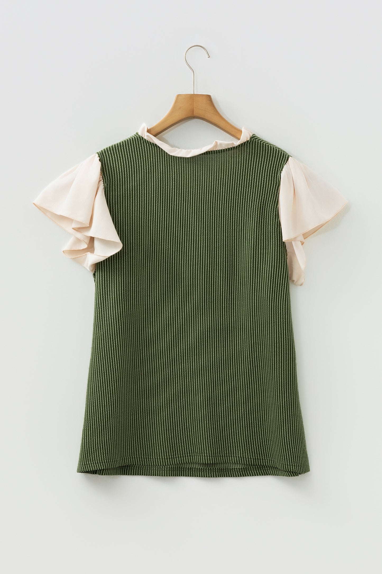 Vineyard Green Plus Size Contrast Frilled Neckline Ruffled Short Sleeve Ribbed Textured Blouse-Plus Size/Plus Size Tops/Plus Size Blouses & Shirts-[Adult]-[Female]-2022 Online Blue Zone Planet