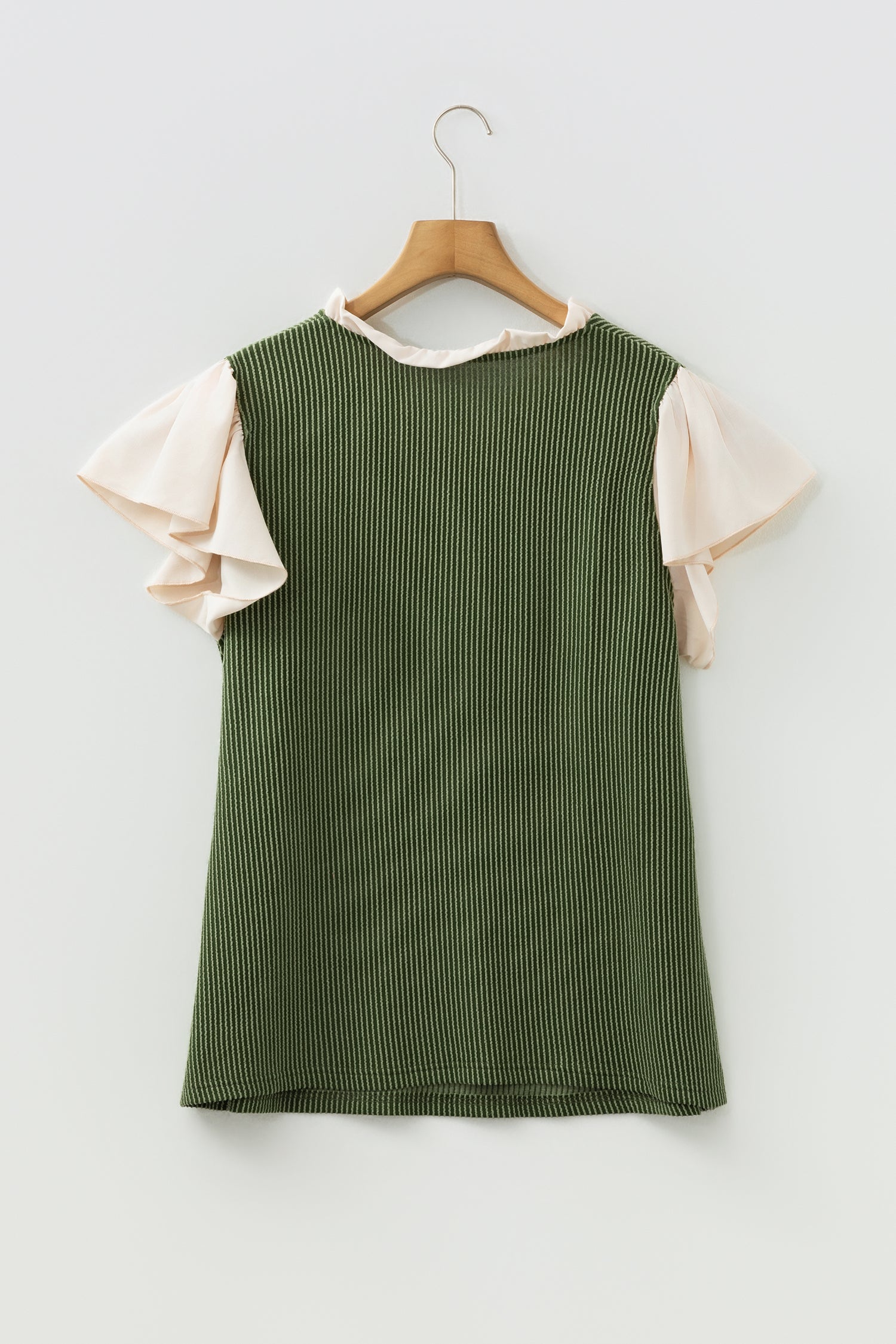 Vineyard Green Plus Size Contrast Frilled Neckline Ruffled Short Sleeve Ribbed Textured Blouse-Plus Size/Plus Size Tops/Plus Size Blouses & Shirts-[Adult]-[Female]-2022 Online Blue Zone Planet
