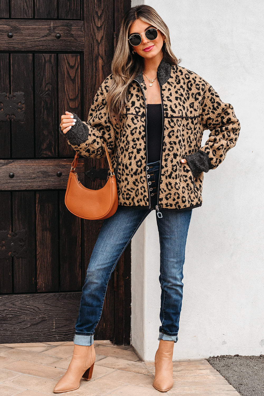 Khaki Leopard Print Zip Up Stand Neck Side Pocket Jacket-Outerwear/Jackets-[Adult]-[Female]-2022 Online Blue Zone Planet