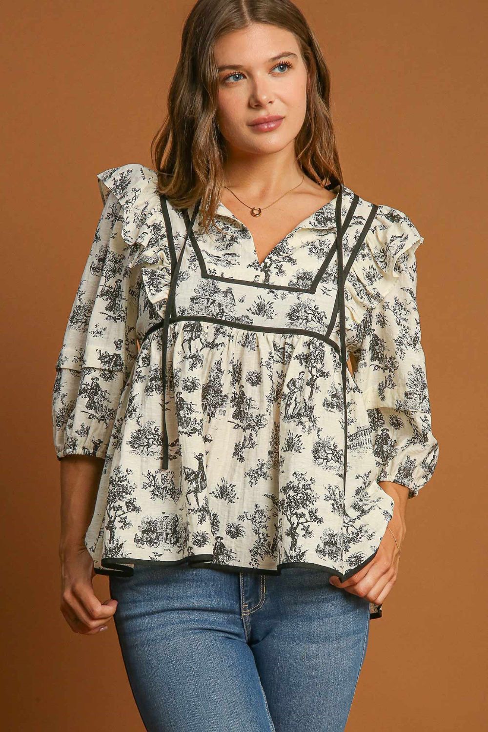 Umgee Ruffled Tie Neck Puff Sleeve Babydoll Blouse-TOPS / DRESSES-[Adult]-[Female]-Cream-S-2022 Online Blue Zone Planet