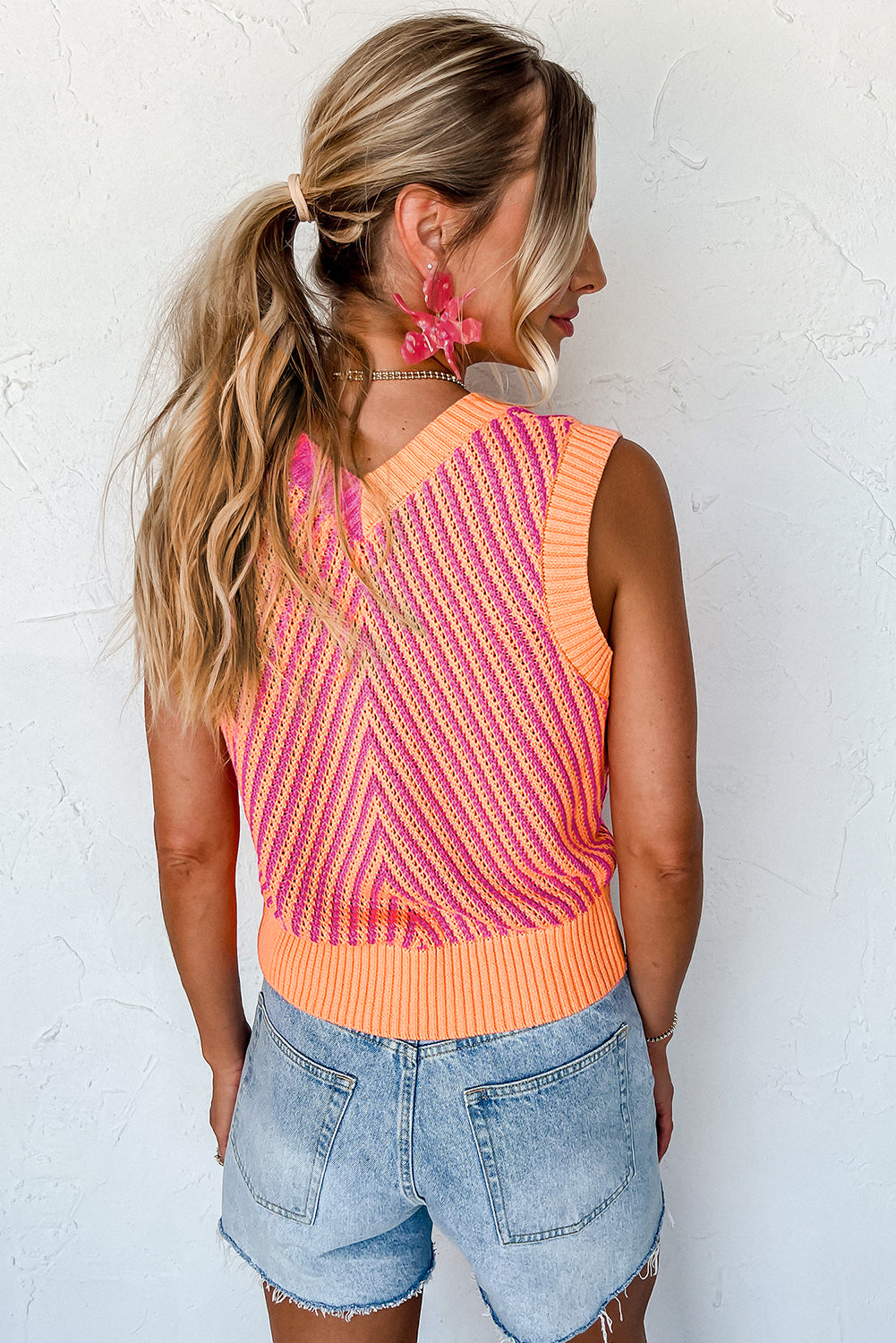 Light Pink Contrast Chevron Knit V Neck Sweater Vest-Sweaters & Cardigans/Sweater Vests-[Adult]-[Female]-2022 Online Blue Zone Planet