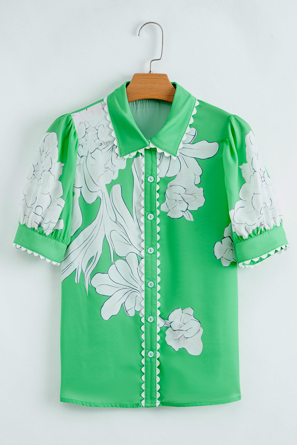 Green Floral Ric Rac Edge Puff Sleeve Button Up Summer Shirt-Tops/Blouses & Shirts-[Adult]-[Female]-2022 Online Blue Zone Planet