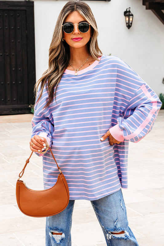 Sky Blue Stripe Oversize Contrast Trim Drop Shoulder Casual Top-Tops/Long Sleeve Tops-[Adult]-[Female]-2022 Online Blue Zone Planet