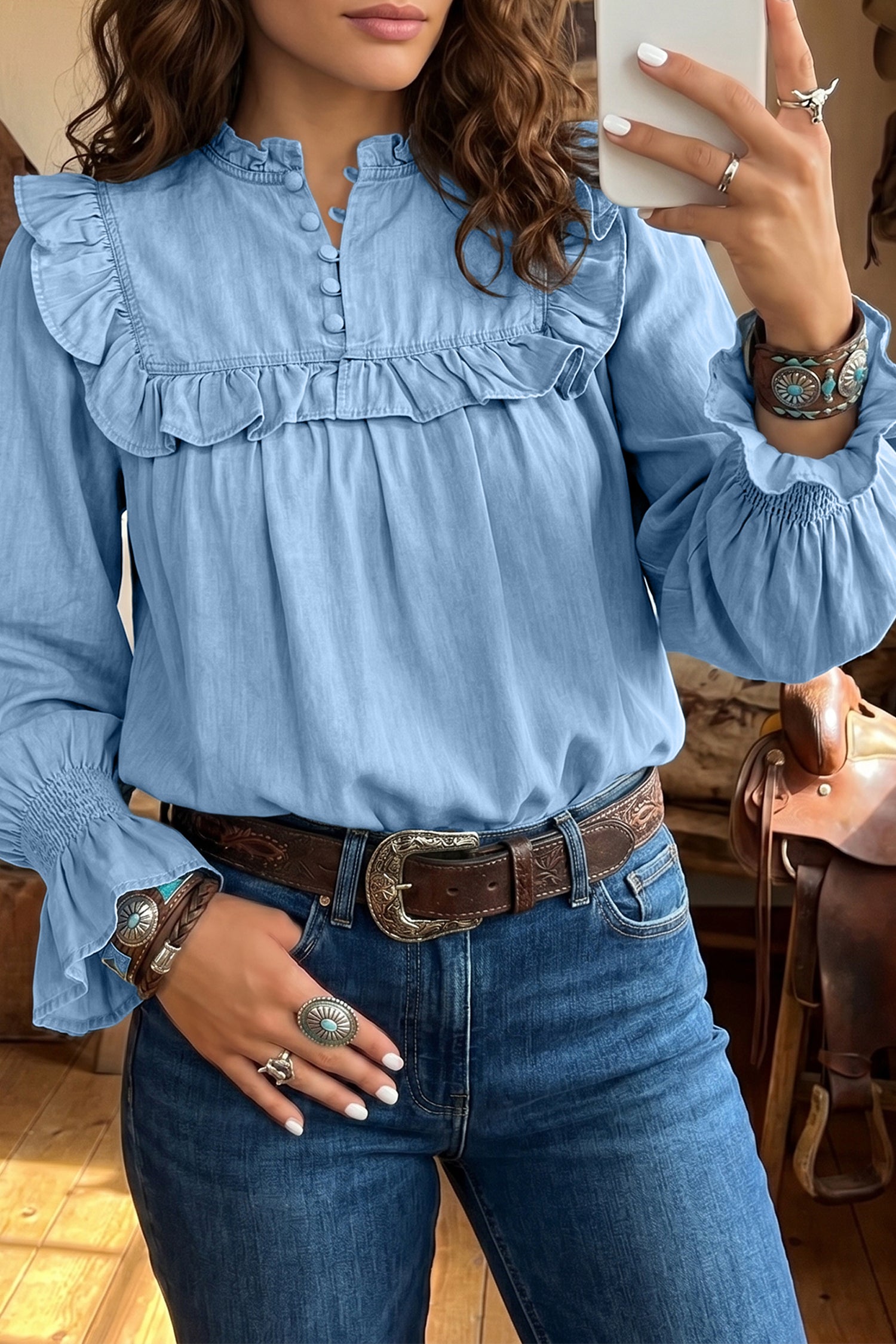 Beau Blue Western Ruffle V Neck Long Sleeve Chambray Blouse-Tops/Blouses & Shirts-[Adult]-[Female]-Beau Blue-S-2022 Online Blue Zone Planet