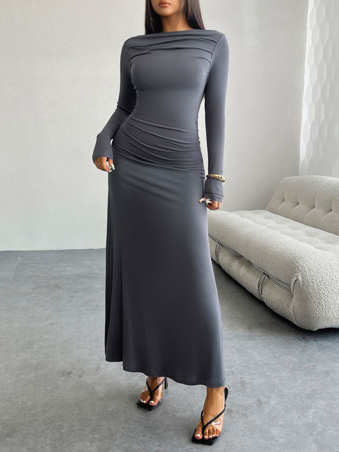 Ruched Long Sleeve Maxi Dress-TOPS / DRESSES-[Adult]-[Female]-Dark Gray-S-2022 Online Blue Zone Planet