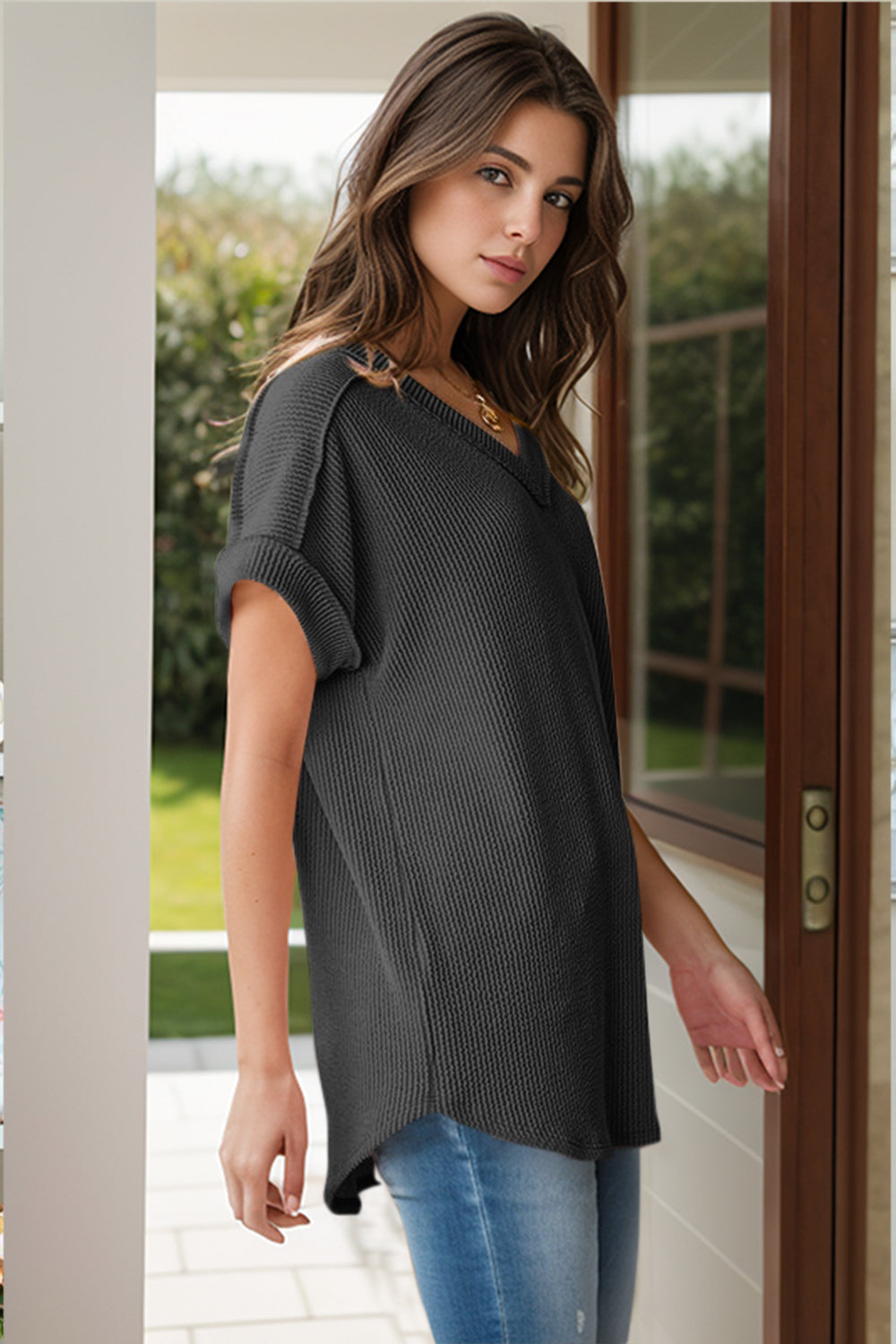 Textured V-Neck Short Sleeve Top-TOPS / DRESSES-[Adult]-[Female]-2022 Online Blue Zone Planet