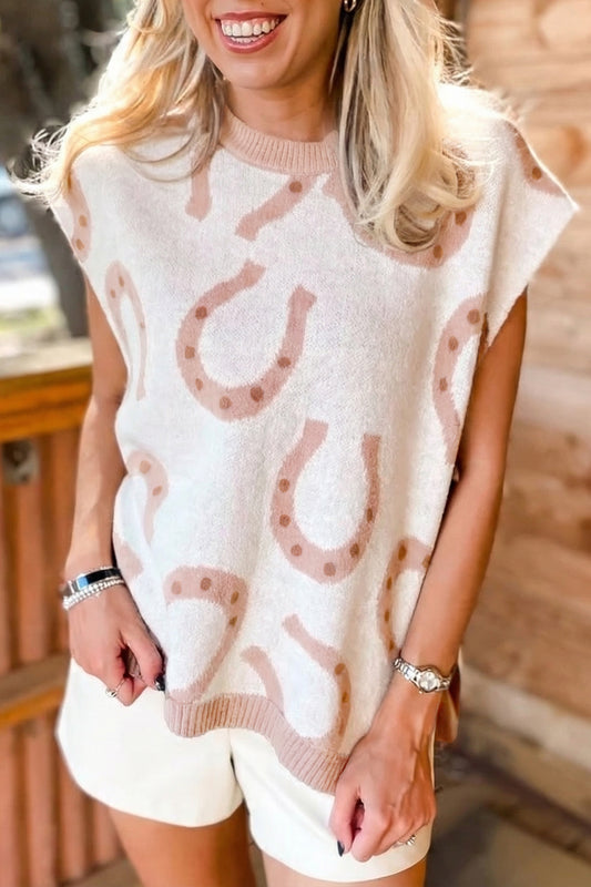 Beige Horse Shoe Western Print Tied Side Cap Sleeve Knitted T Shirt-Sweaters & Cardigans/Short Sleeve Sweaters-[Adult]-[Female]-Beige-S-2022 Online Blue Zone Planet