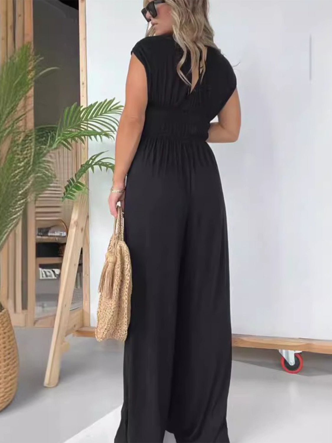 Smocked Cap Sleeve Wide Leg Jumpsuit-TOPS / DRESSES-[Adult]-[Female]-2022 Online Blue Zone Planet