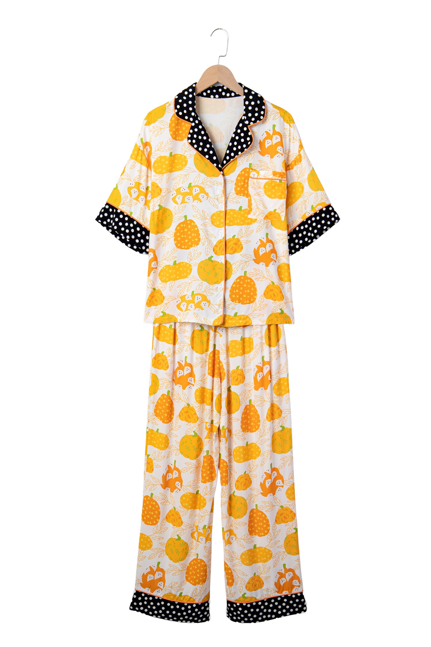 Orange Short Sleeve Pumpkin Print Polka Dot Trim Pocket Pocket Placket Home Wear Lounge Set-Loungewear & Sleepwear/Loungewear-[Adult]-[Female]-2022 Online Blue Zone Planet