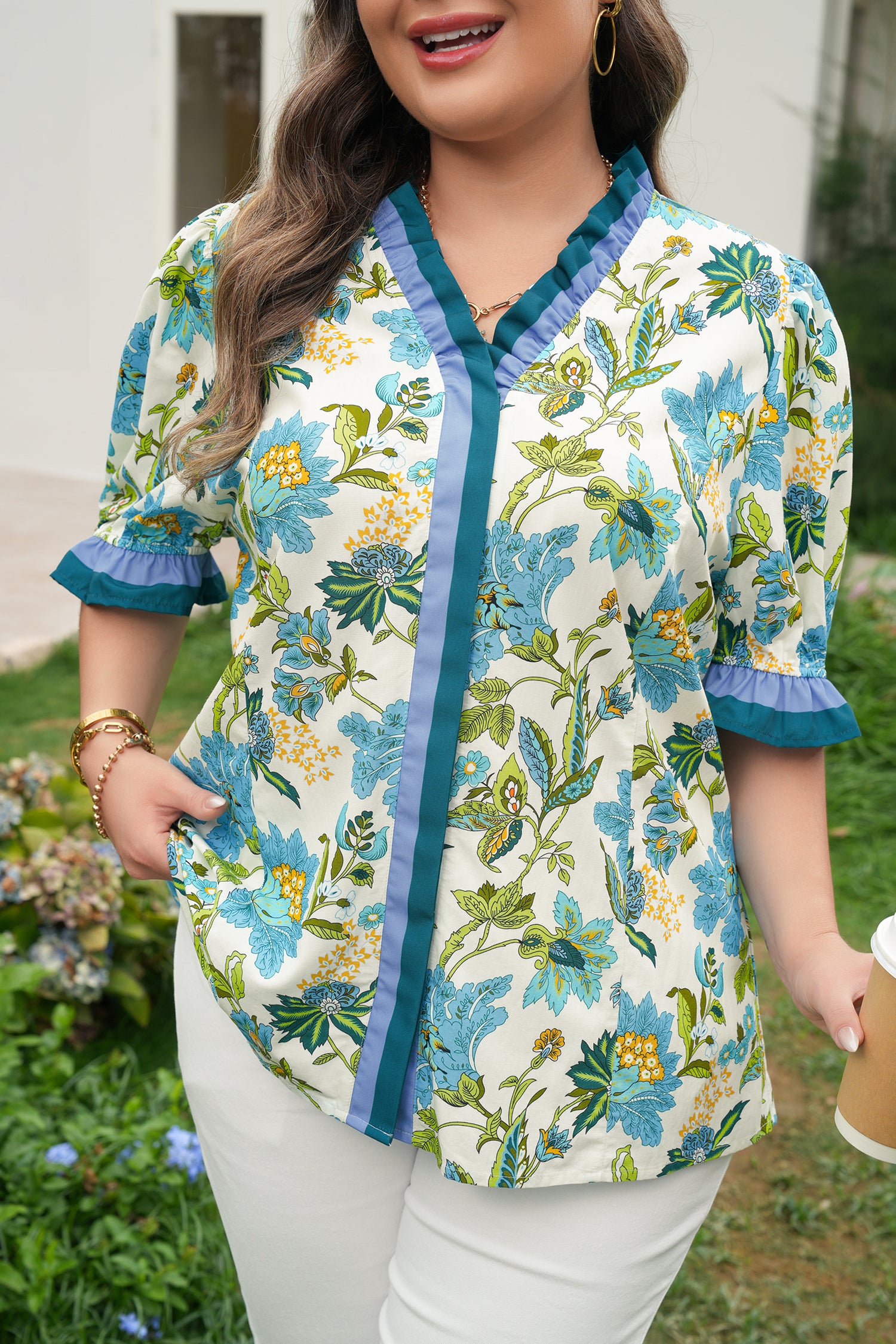 Sky Blue Plus Size Frilled V Neck Short Sleeve Floral Blouse-Plus Size/Plus Size Tops/Plus Size Blouses & Shirts-[Adult]-[Female]-2022 Online Blue Zone Planet