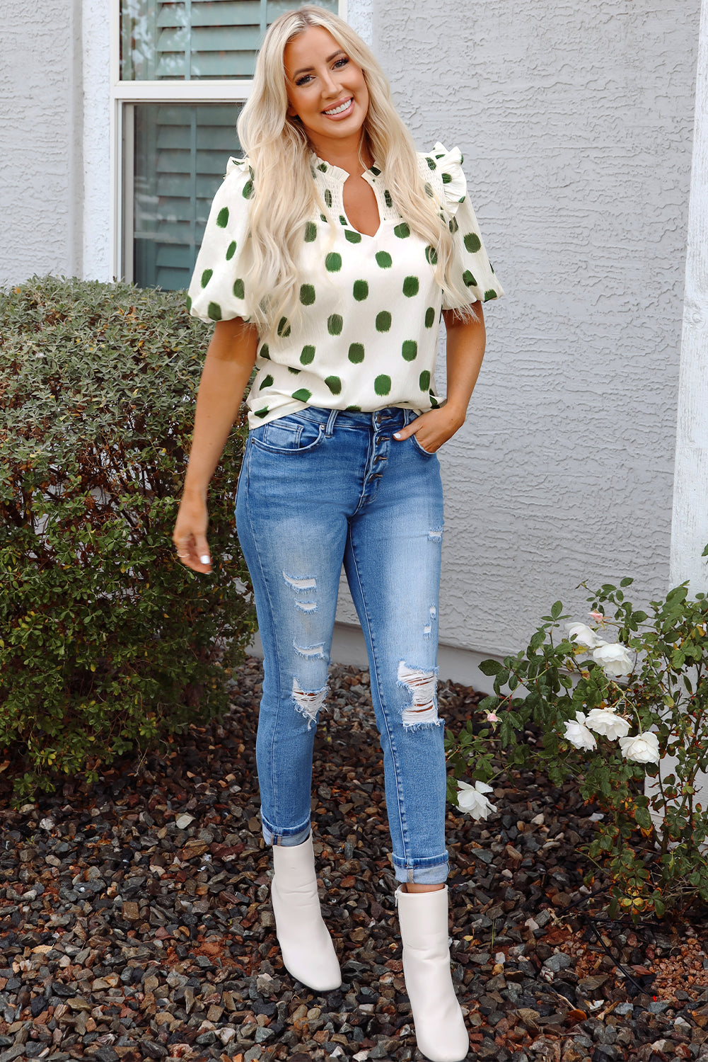 Apricot Polka Dot Print Shirred Yoke Notched Neck Balloon Sleeve Blouse-Tops/Blouses & Shirts-[Adult]-[Female]-2022 Online Blue Zone Planet