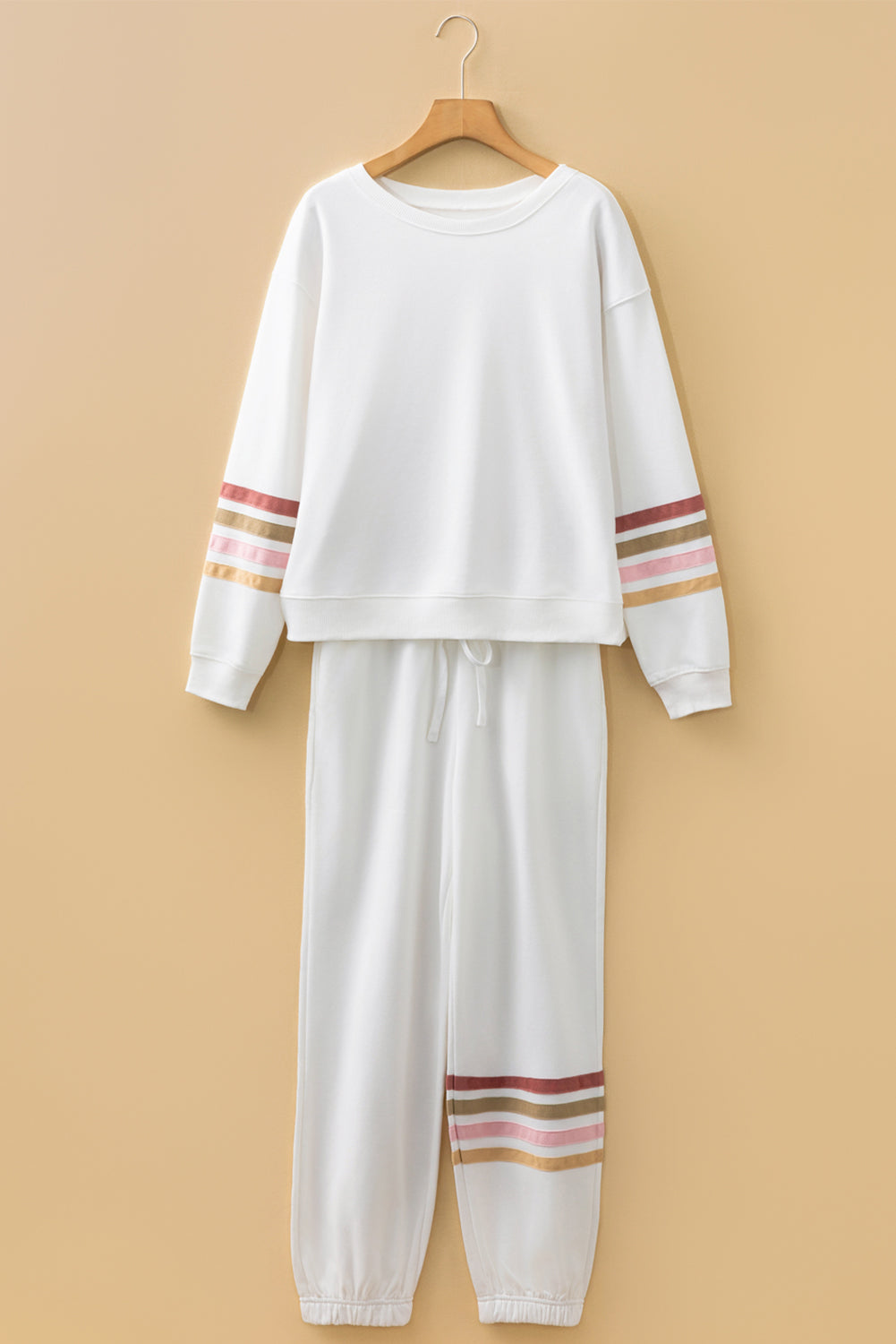 Beige Striped Drop Shoulder Round Neck Pullover and Jogger Pants Active Outfit-Two Piece Sets/Pant Sets-[Adult]-[Female]-2022 Online Blue Zone Planet