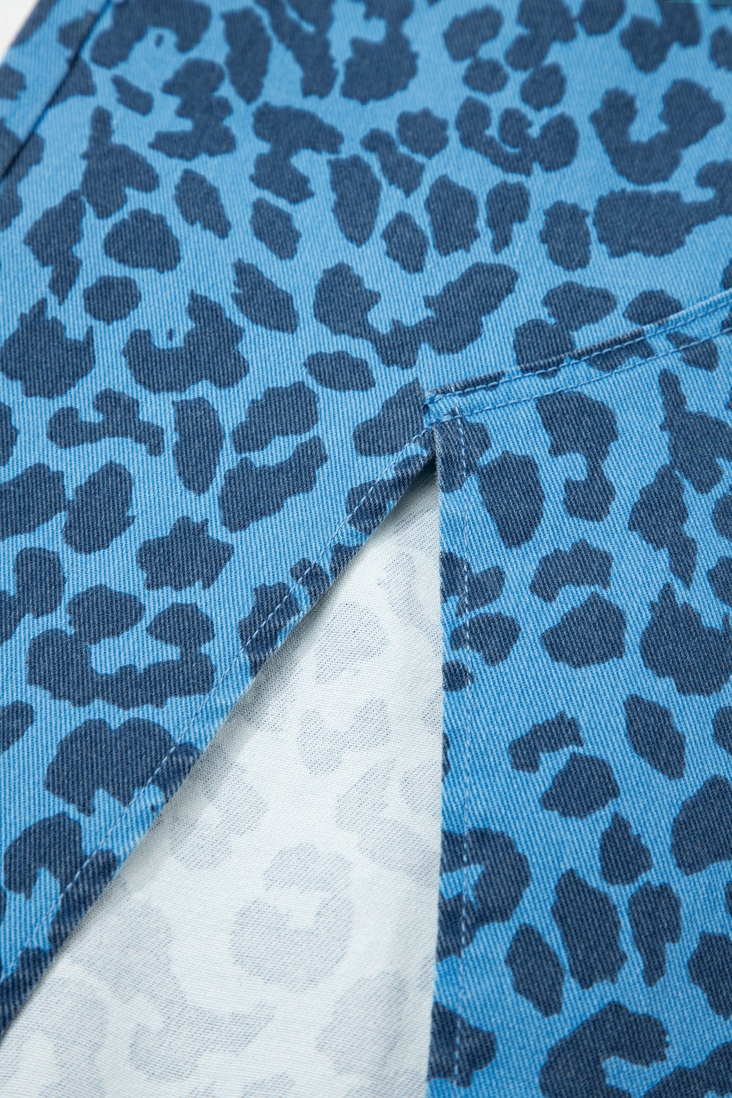 Sky Blue Leopard Denim Frayed Split Denim Midi Skirt-Bottoms/Skirts & Petticoat-[Adult]-[Female]-2022 Online Blue Zone Planet