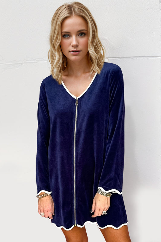 Blue Zone Planet | Double Take Wave Contrast Trim V-Neck Zip Up Long Sleeve Mini Dress-TOPS / DRESSES-[Adult]-[Female]-Navy-S-2022 Online Blue Zone Planet