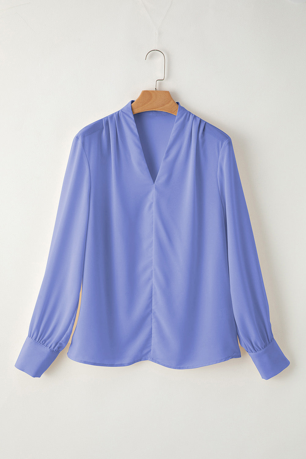 Sky Blue Solid Color V Neck Breezy Long Sleeve Blouse-Tops/Blouses & Shirts-[Adult]-[Female]-2022 Online Blue Zone Planet