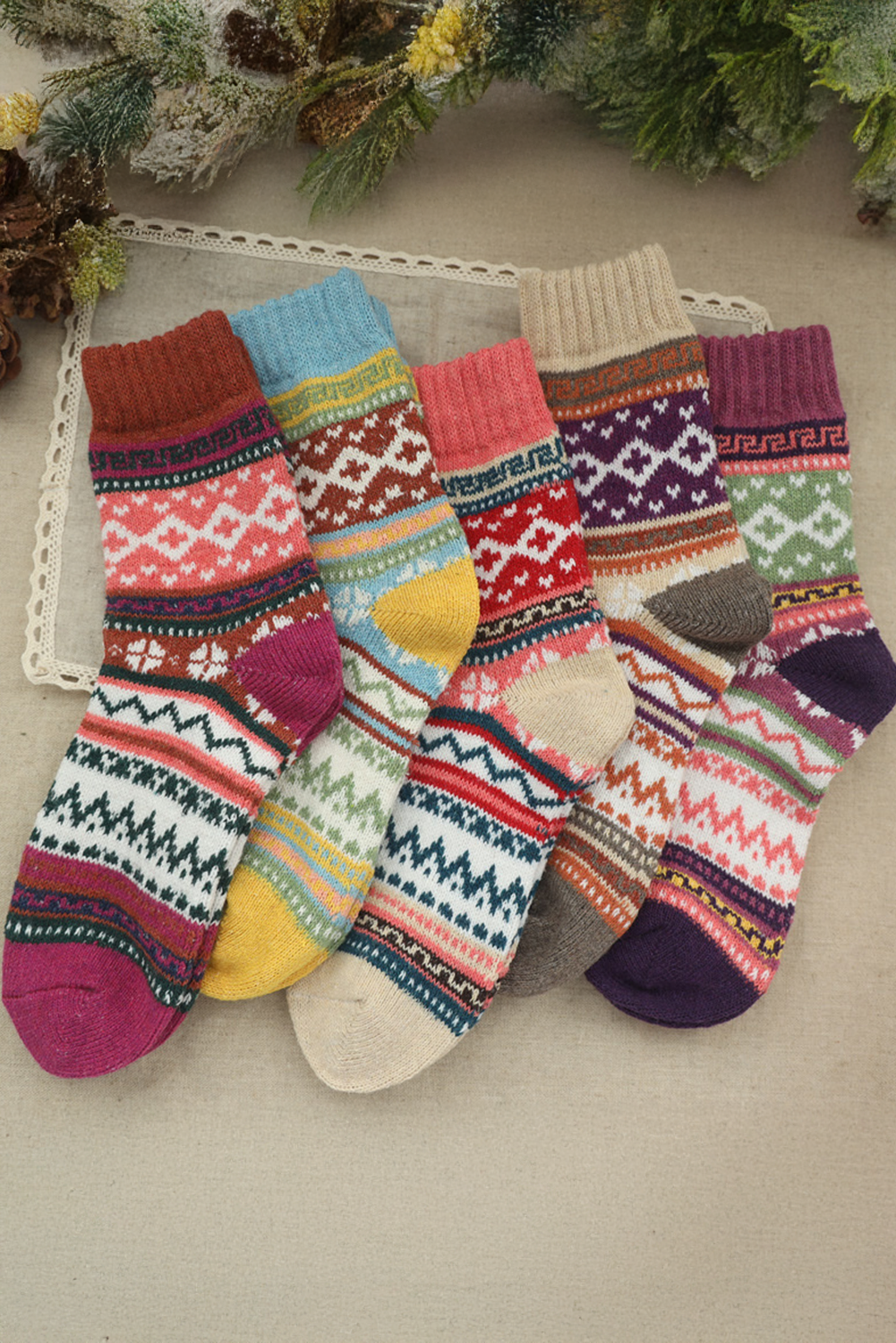 Camel Vintage Geometric Striped Warm Winter Socks-Accessories & Jewelry-[Adult]-[Female]-Camel-ONE SIZE-2022 Online Blue Zone Planet