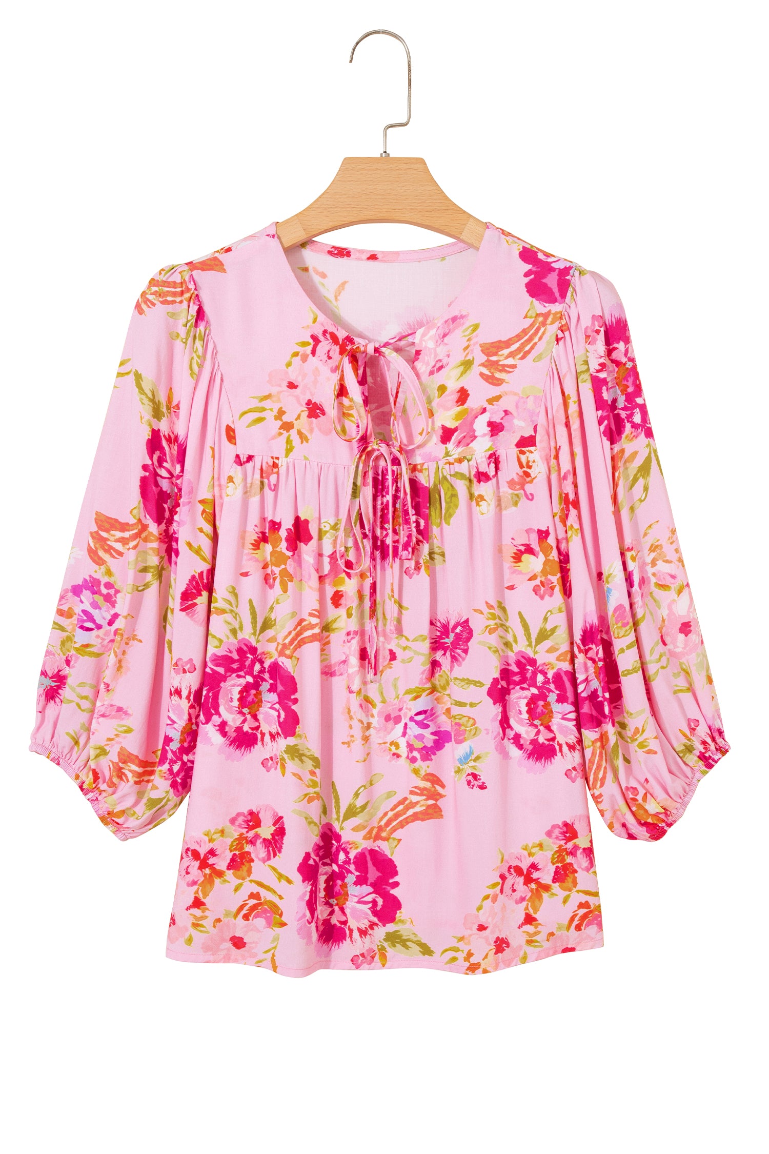 Pink Floral Print Tie Neck Puffy Half Sleeve Blouse-Tops/Blouses & Shirts-[Adult]-[Female]-2022 Online Blue Zone Planet