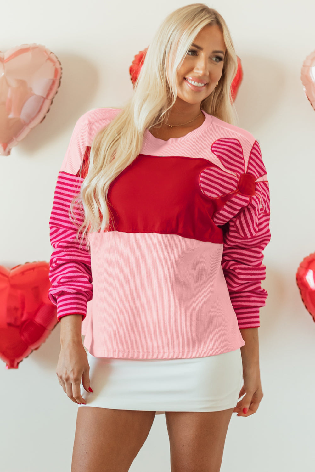 Blue Zone Planet | Pink Floral Patch Color Block Striped Sleeve Textured Top-Tops/Long Sleeve Tops-[Adult]-[Female]-2022 Online Blue Zone Planet