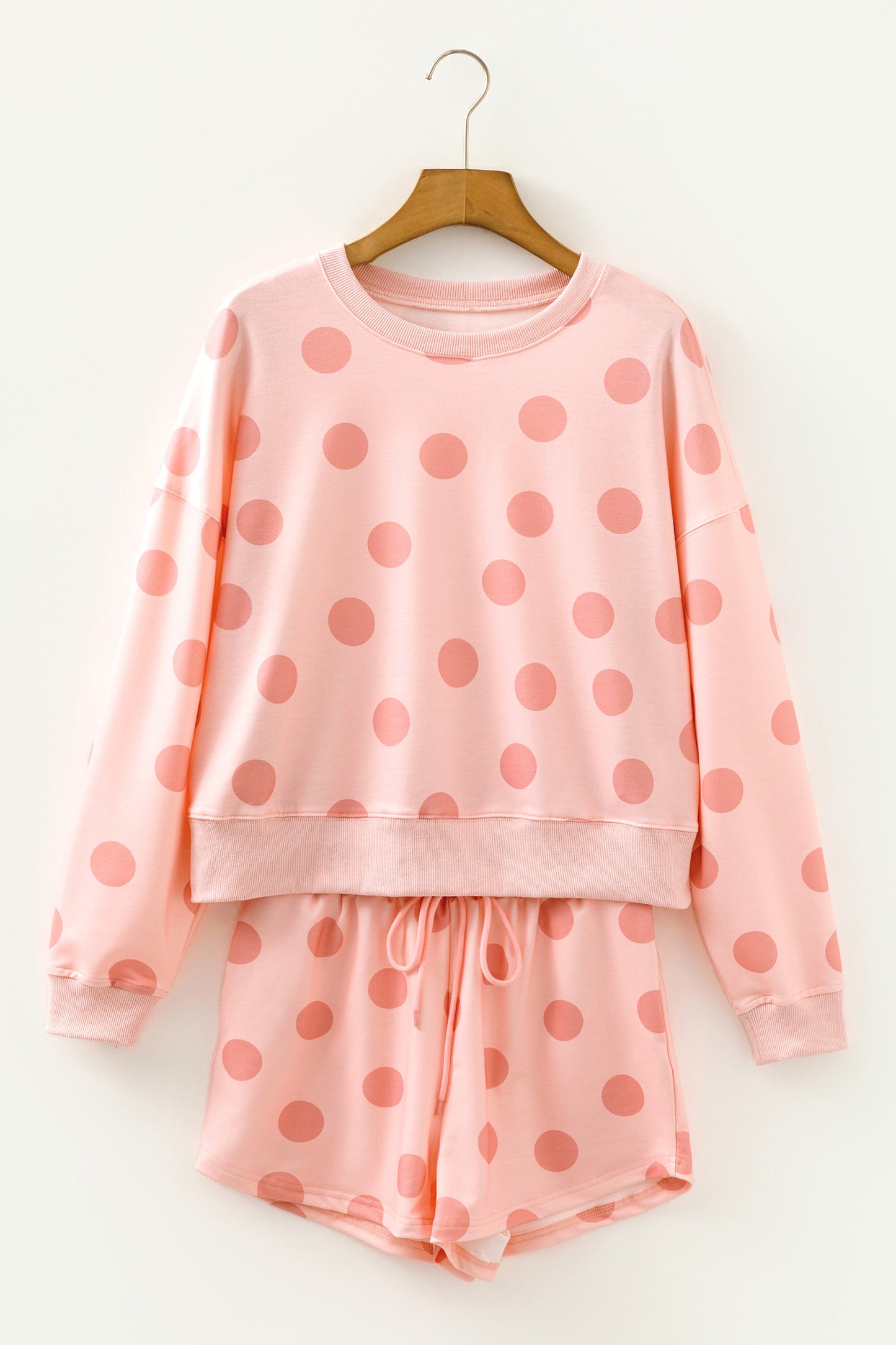 Sky Blue Polka Dot Print Drop Shoulder Pullover Drawstring Shorts Set-Two Piece Sets/Short Sets-[Adult]-[Female]-2022 Online Blue Zone Planet