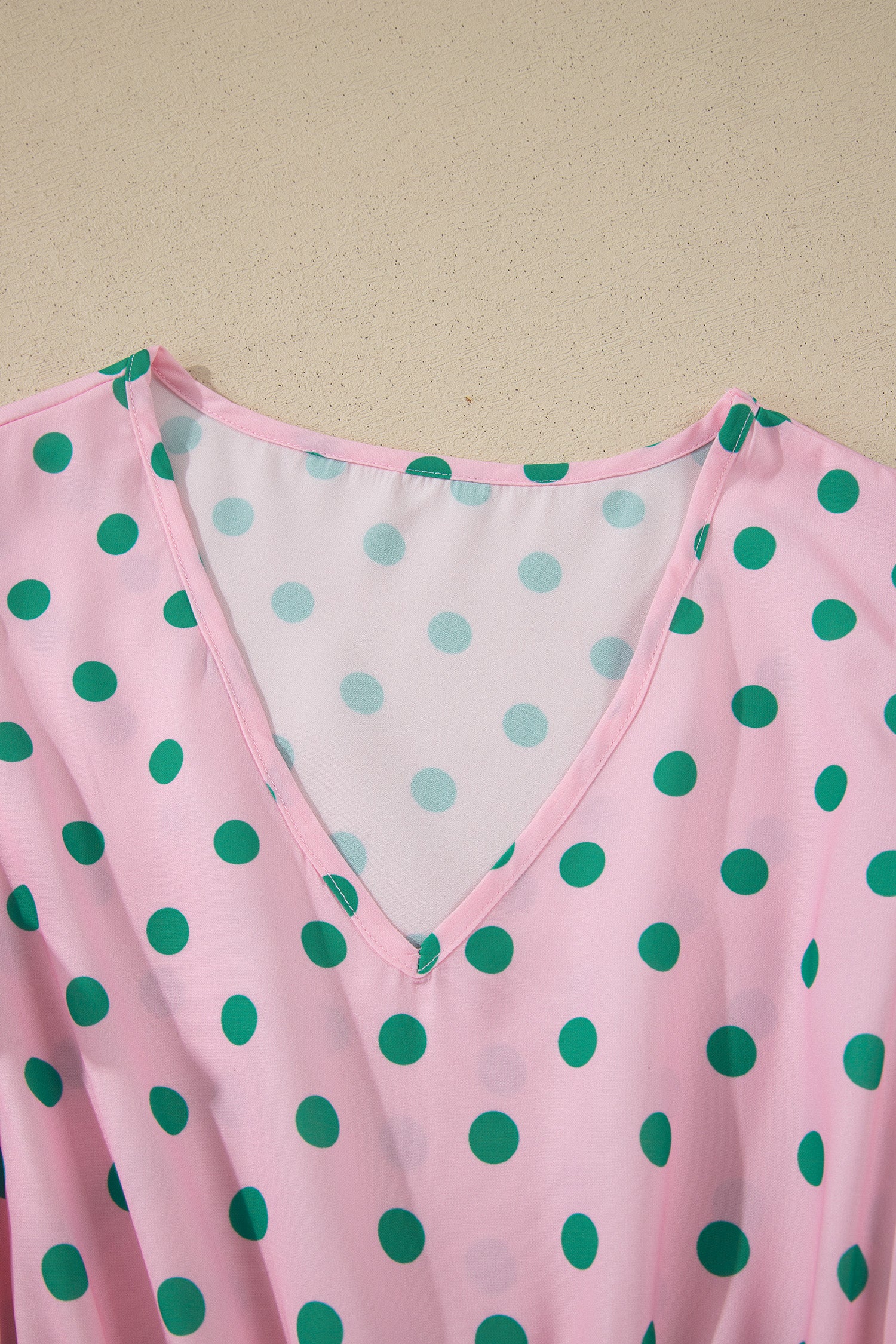 Pink V Neck Polka Dot Print Drawstring Tiered Babydoll Blouse-Tops/Blouses & Shirts-[Adult]-[Female]-2022 Online Blue Zone Planet