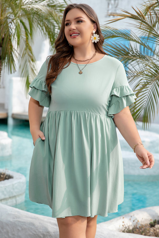 Grass Green Ruffle Trim Short Sleeve Plus Size Flared Mini Dress-TOPS / DRESSES-[Adult]-[Female]-2022 Online Blue Zone Planet