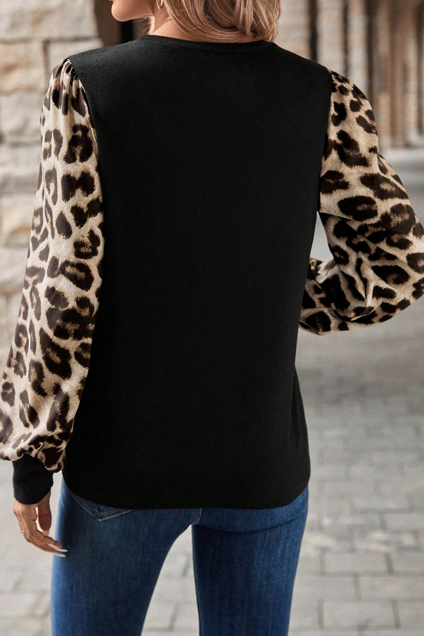 Khaki Leopard Puff Sleeve Patchwork Top-Tops/Long Sleeve Tops-[Adult]-[Female]-2022 Online Blue Zone Planet