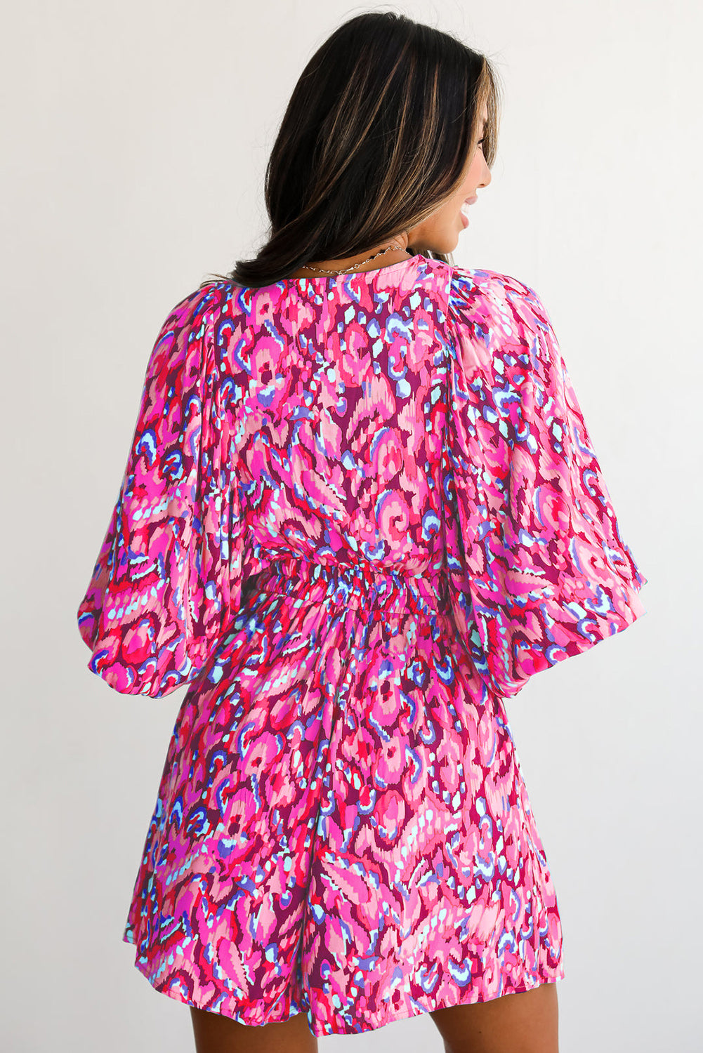 Blue Zone Planet |  Pink Abstract Print Puff Sleeve V Neck High Waist Romper