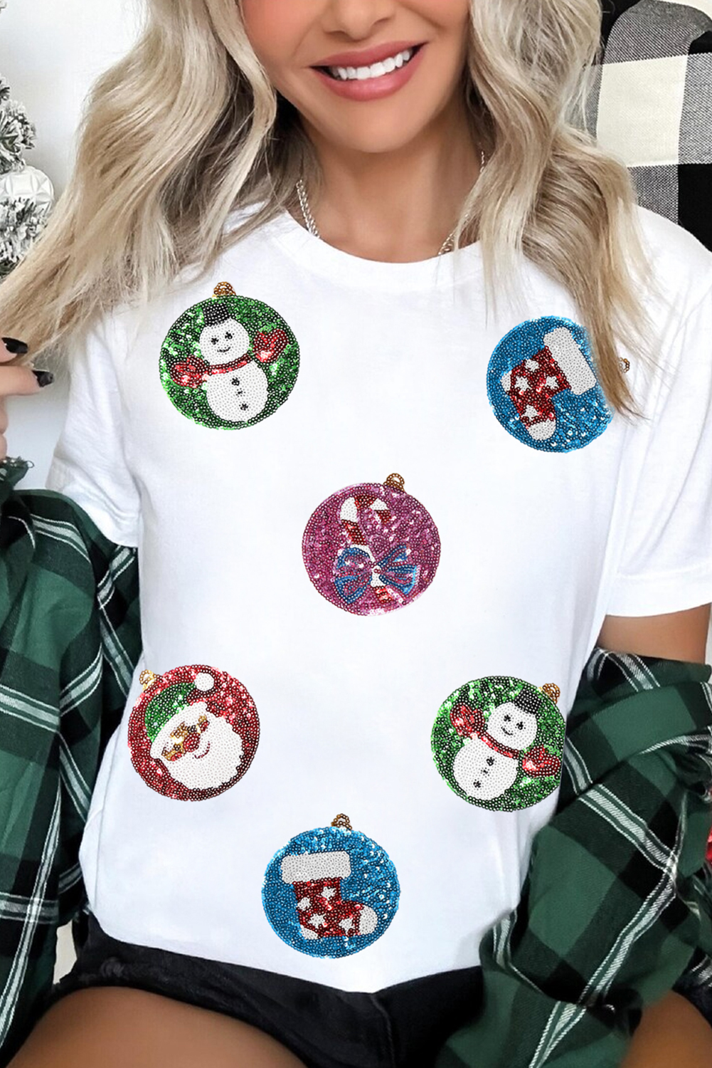 White Sequin Patterned Christmas Light Patch Round Neck Tee-Graphic Tees-[Adult]-[Female]-White-S-2022 Online Blue Zone Planet