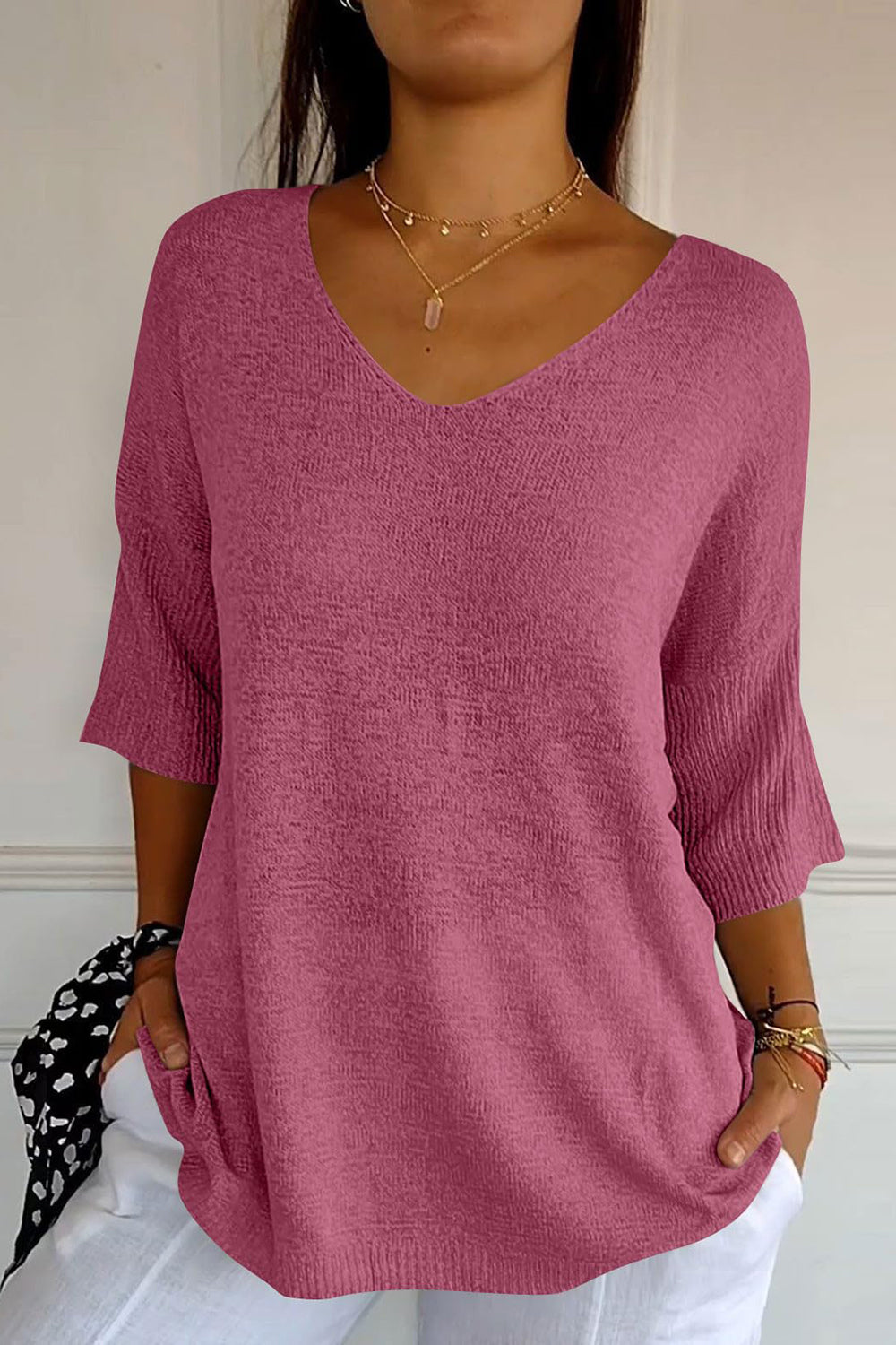 V-Neck Three-Quarter Sleeve Knit Top-TOPS / DRESSES-[Adult]-[Female]-Moonlit Mauve-One Size-2022 Online Blue Zone Planet