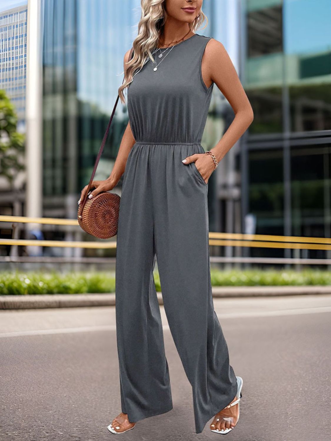 Round Neck Wide Leg Jumpsuit-[Adult]-[Female]-2022 Online Blue Zone Planet