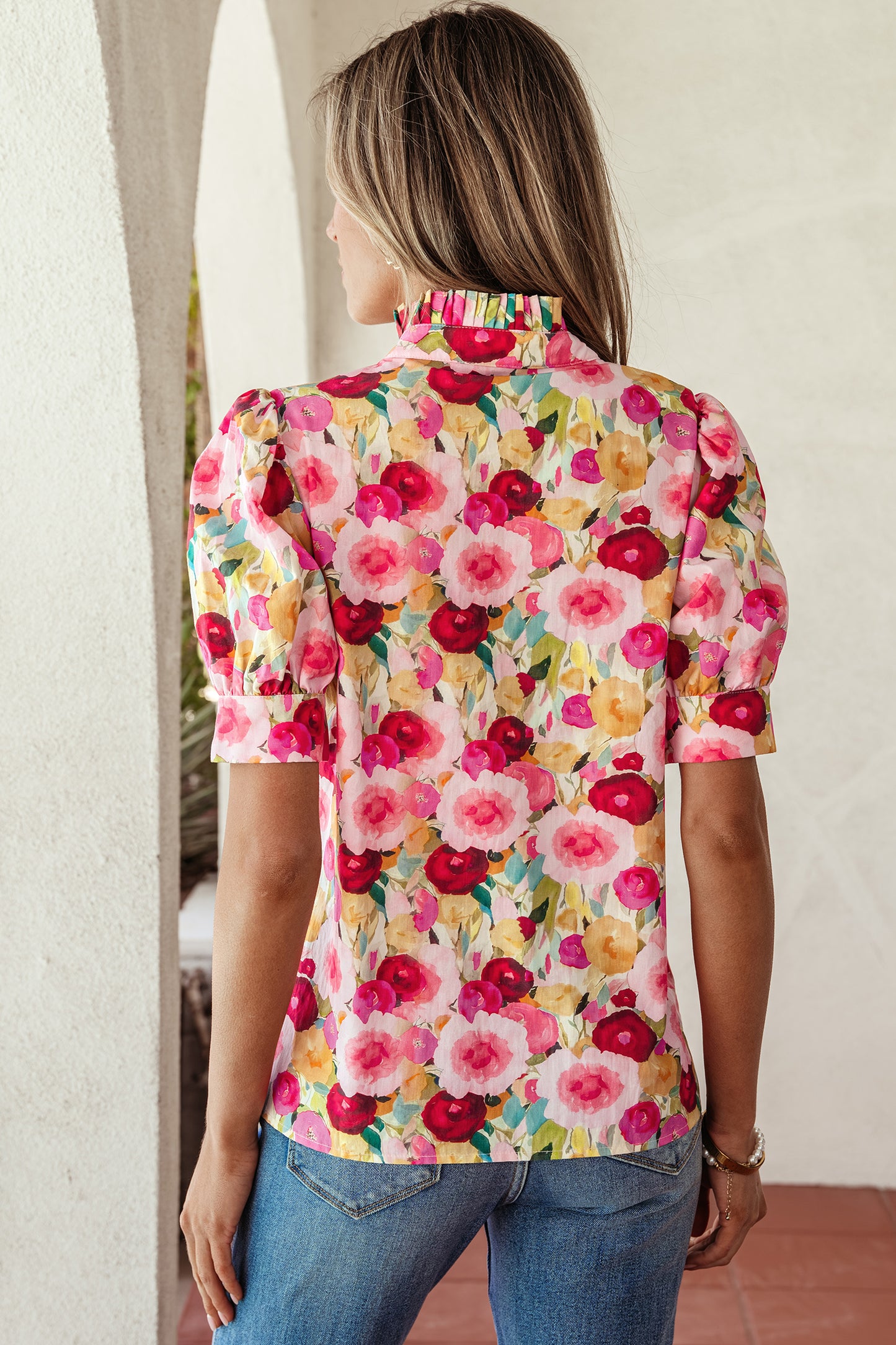 Pink Floral Frilled V Neck Puff Short Sleeve Blouse-Tops/Blouses & Shirts-[Adult]-[Female]-2022 Online Blue Zone Planet