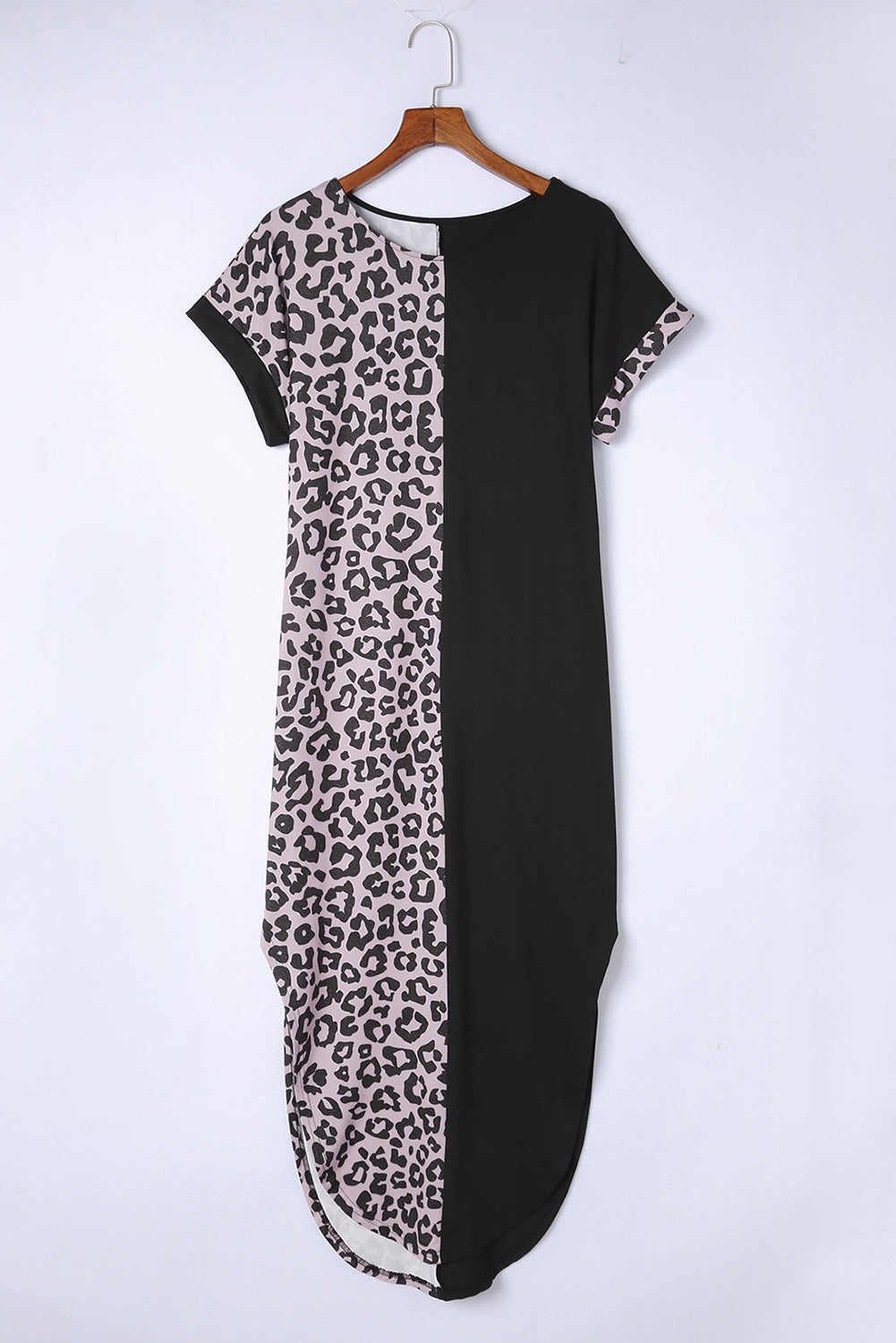 Black Contrast Solid Leopard Short Sleeve T-shirt Dress with Slits Blue Zone Planet